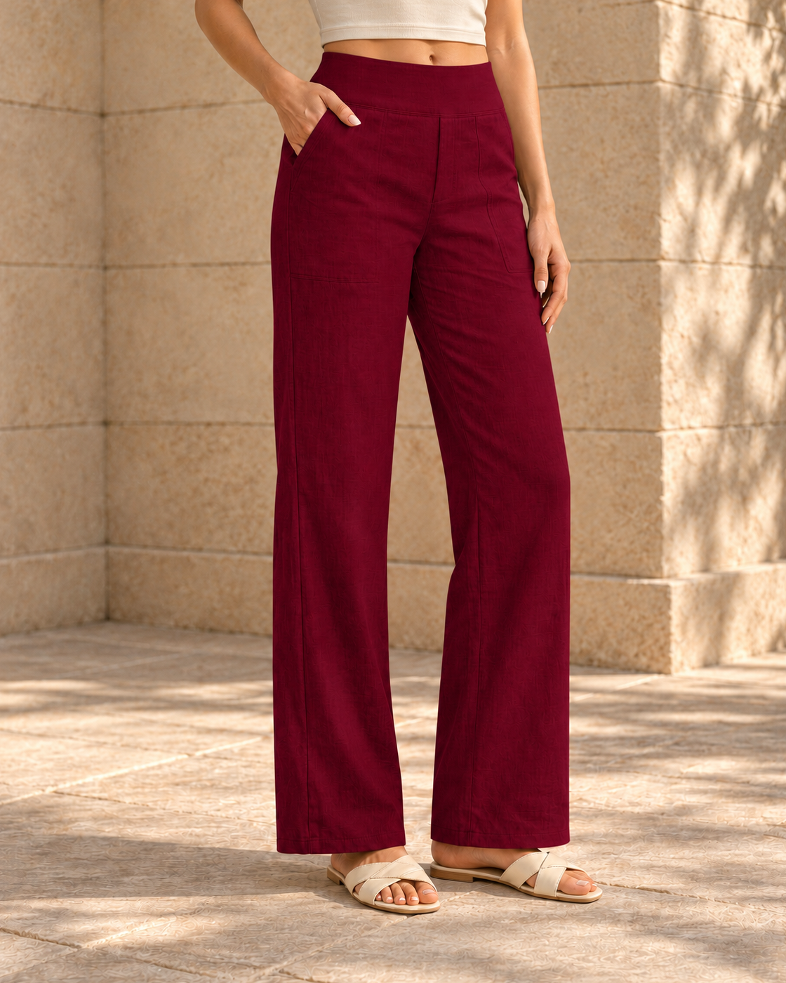 High-waisted Relaxed-fit Casual Trousersstylish And Versatile Workwear Pants — Wine Red