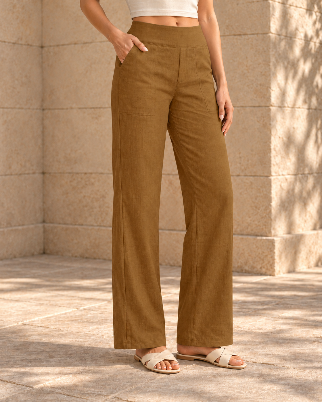 High-waisted Relaxed-fit Casual Trousersstylish And Versatile Workwear Pants — Yellowish Brown