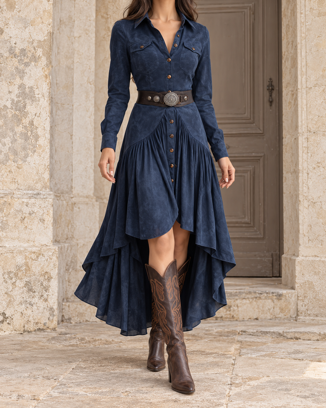 French Suede High-waisted Flare Cake Maxi Skirt With Belt — Dark Blue