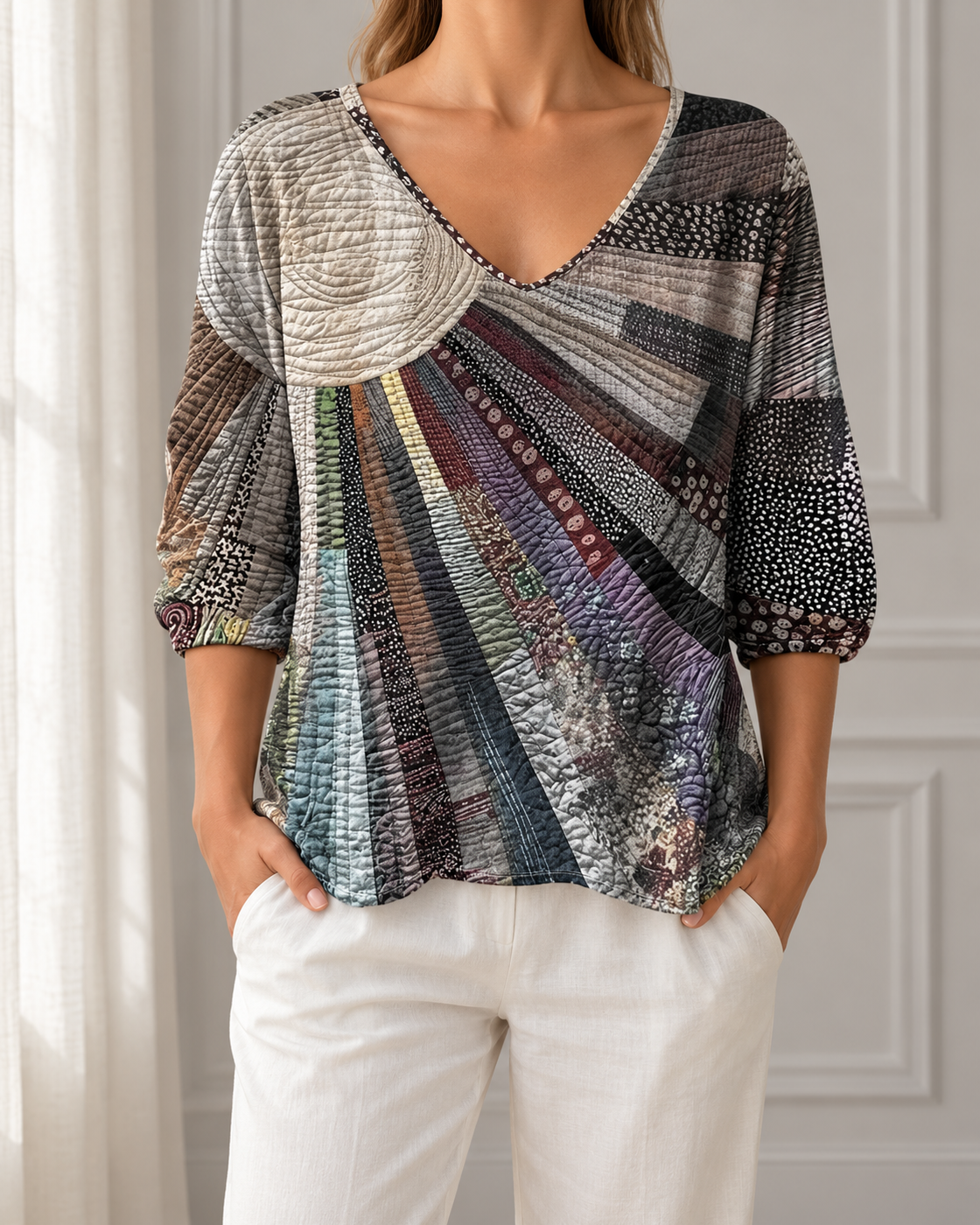 Womens Retro Print Three Quarter Sleeve VNeck Top — Black