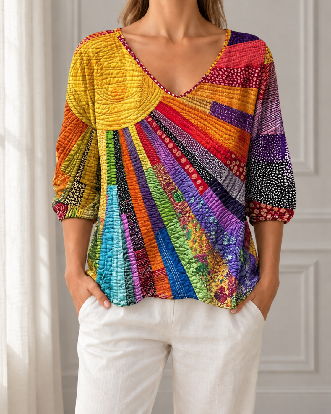 Womens Retro Print Three Quarter Sleeve VNeck Top — Gold