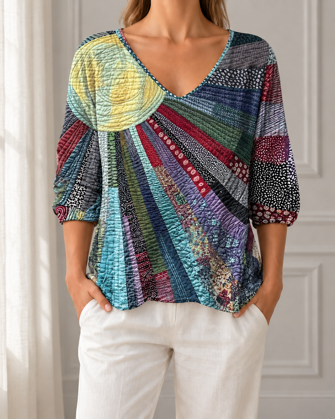 Womens Retro Print Three Quarter Sleeve VNeck Top — Gray