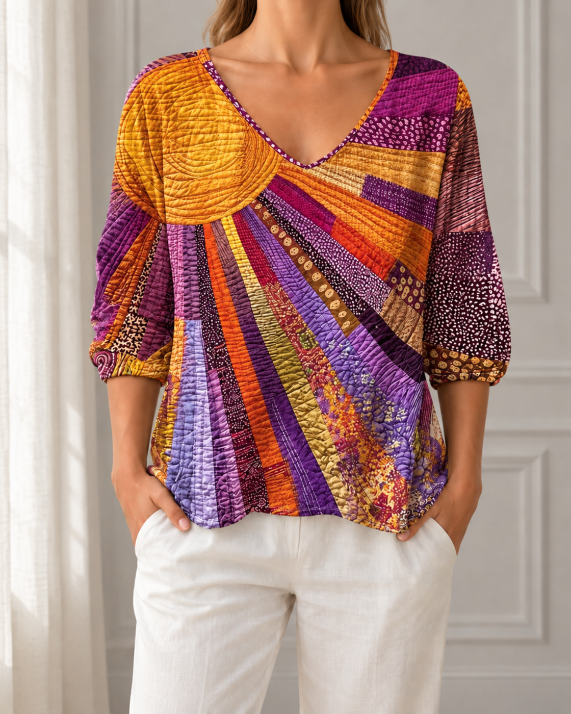 Womens Retro Print Three Quarter Sleeve VNeck Top — Orange