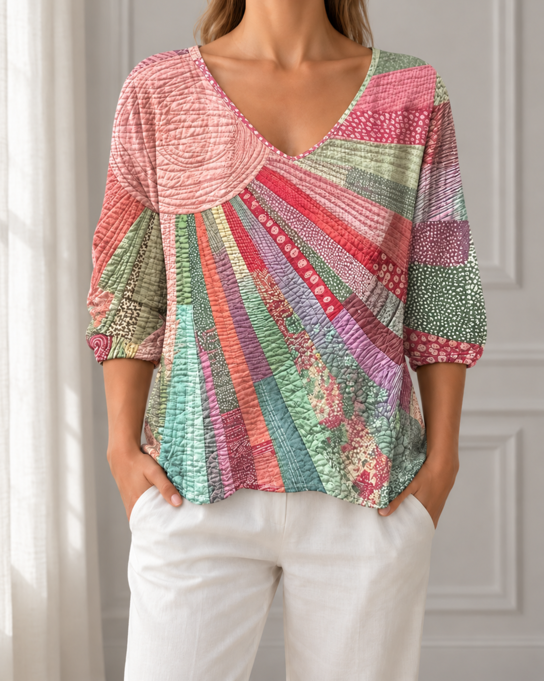 Womens Retro Print Three Quarter Sleeve VNeck Top — Pink