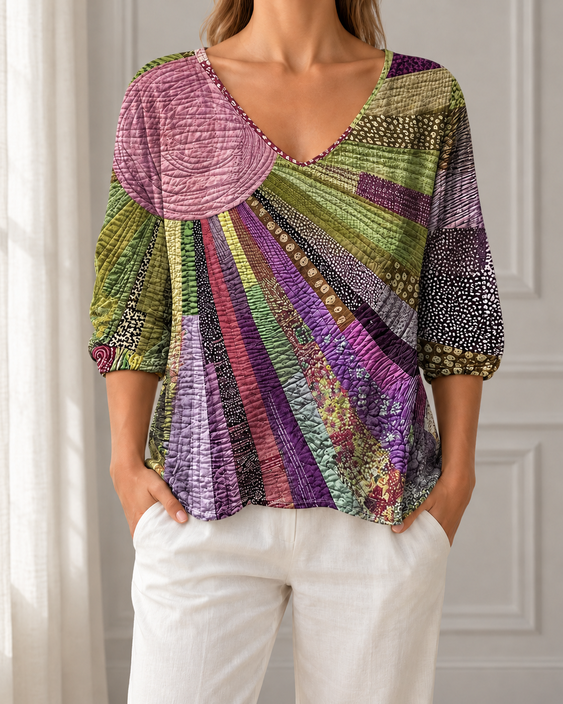 Womens Retro Print Three Quarter Sleeve VNeck Top — Purple