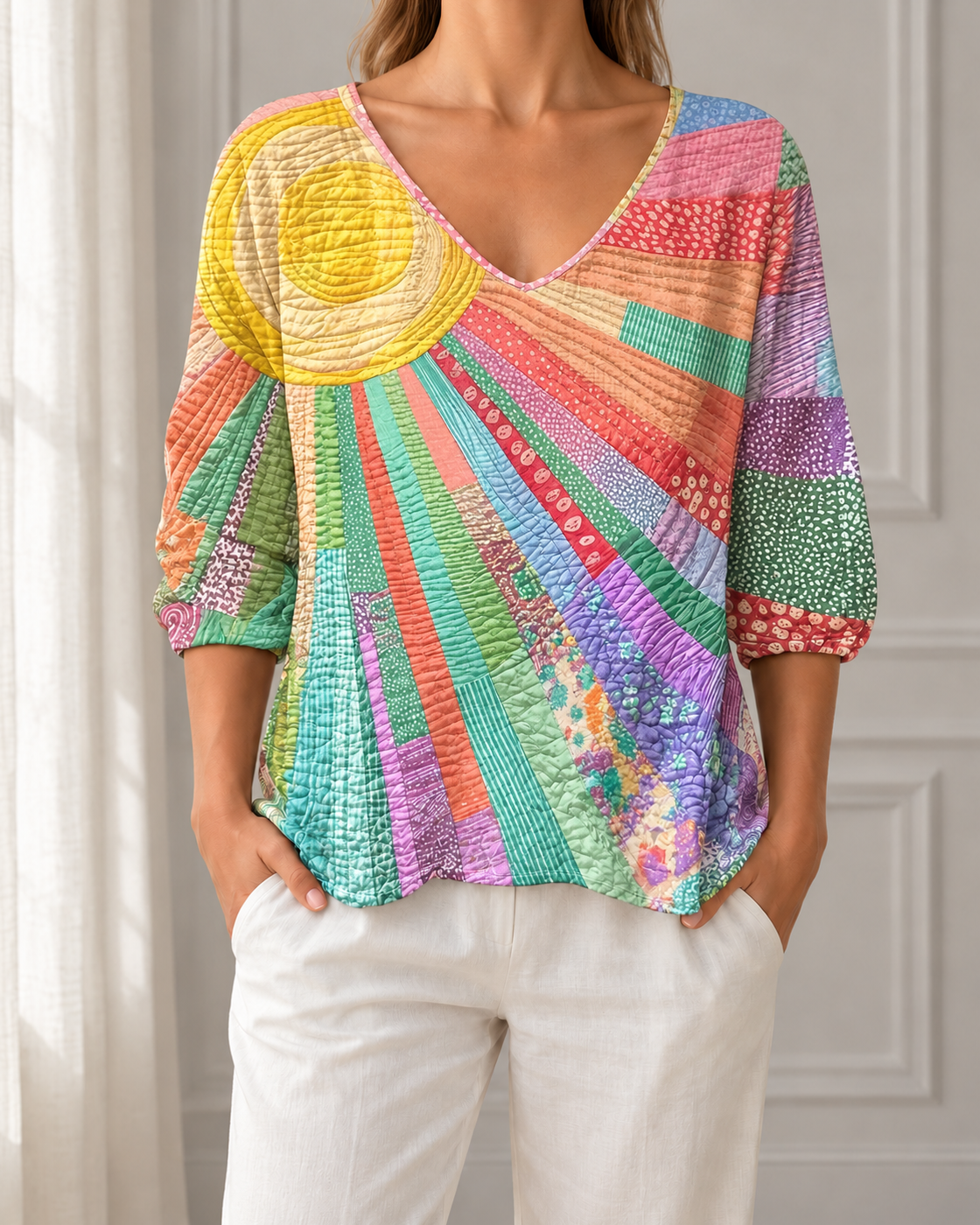 Womens Retro Print Three Quarter Sleeve VNeck Top — Yellow