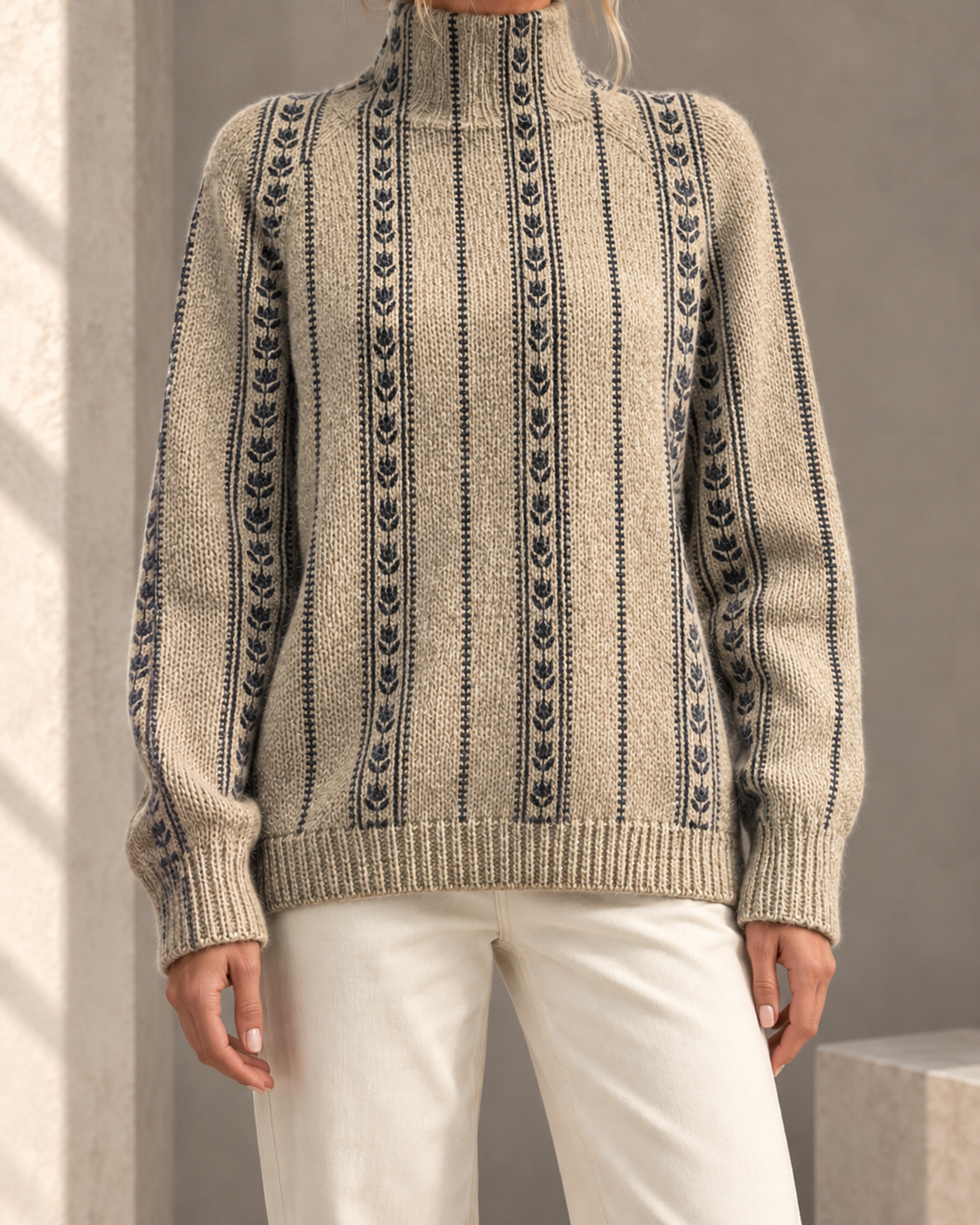 Printed Casual Turtleneck Bedford Cord Sweater — DY58022