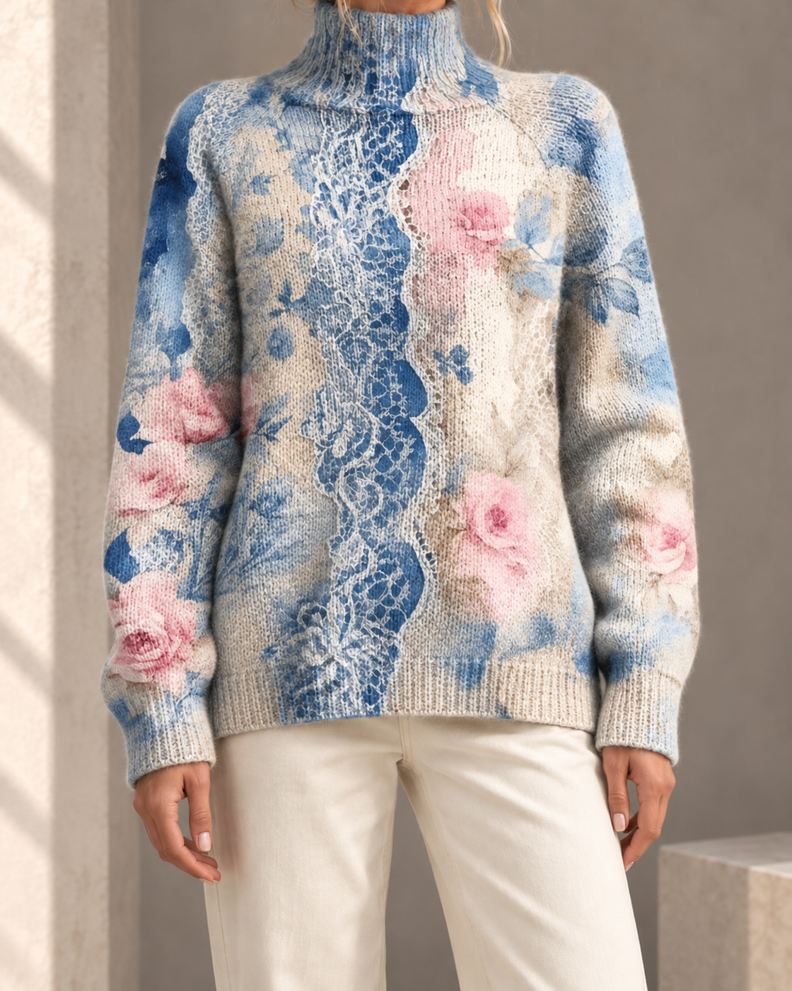 Printed Casual Turtleneck Bedford Cord Sweater — DY58023
