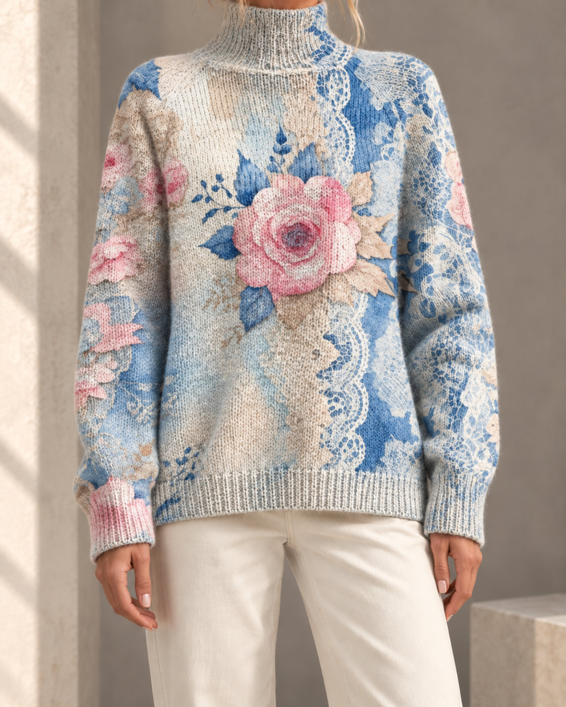 Printed Casual Turtleneck Bedford Cord Sweater — DY58024