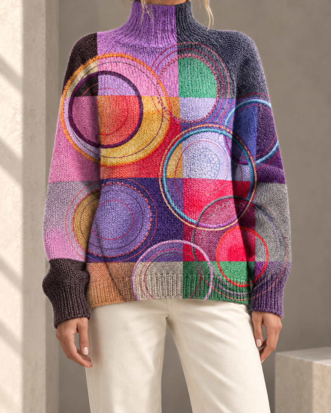 Printed Casual Turtleneck Bedford Cord Sweater — DY58025