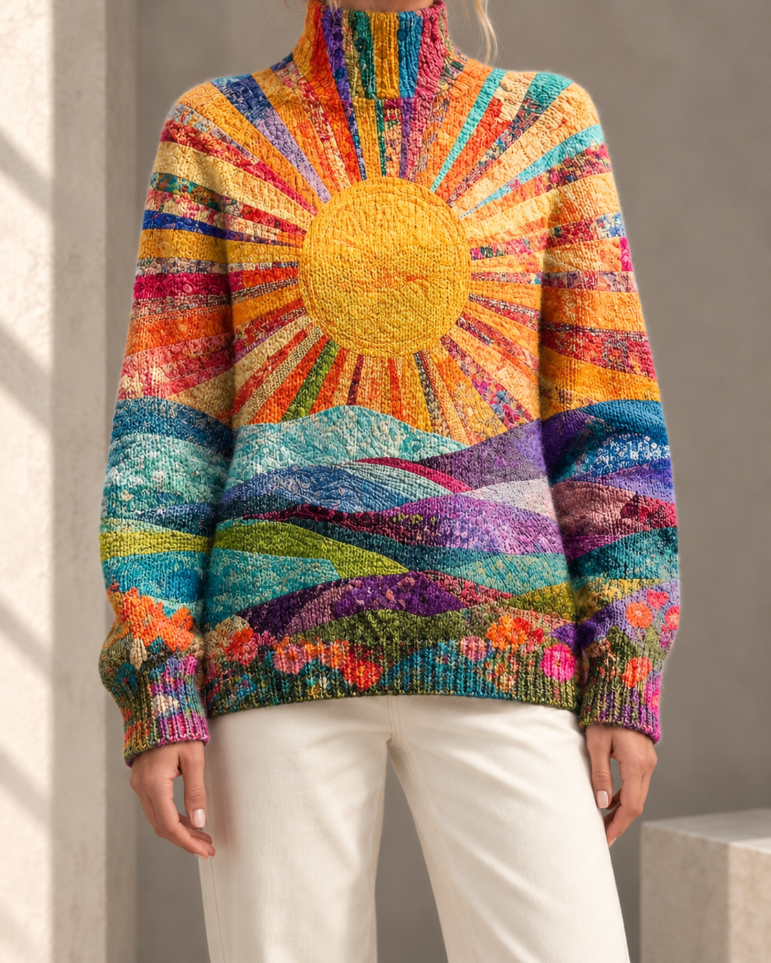 Printed Casual Turtleneck Bedford Cord Sweater — DY58026