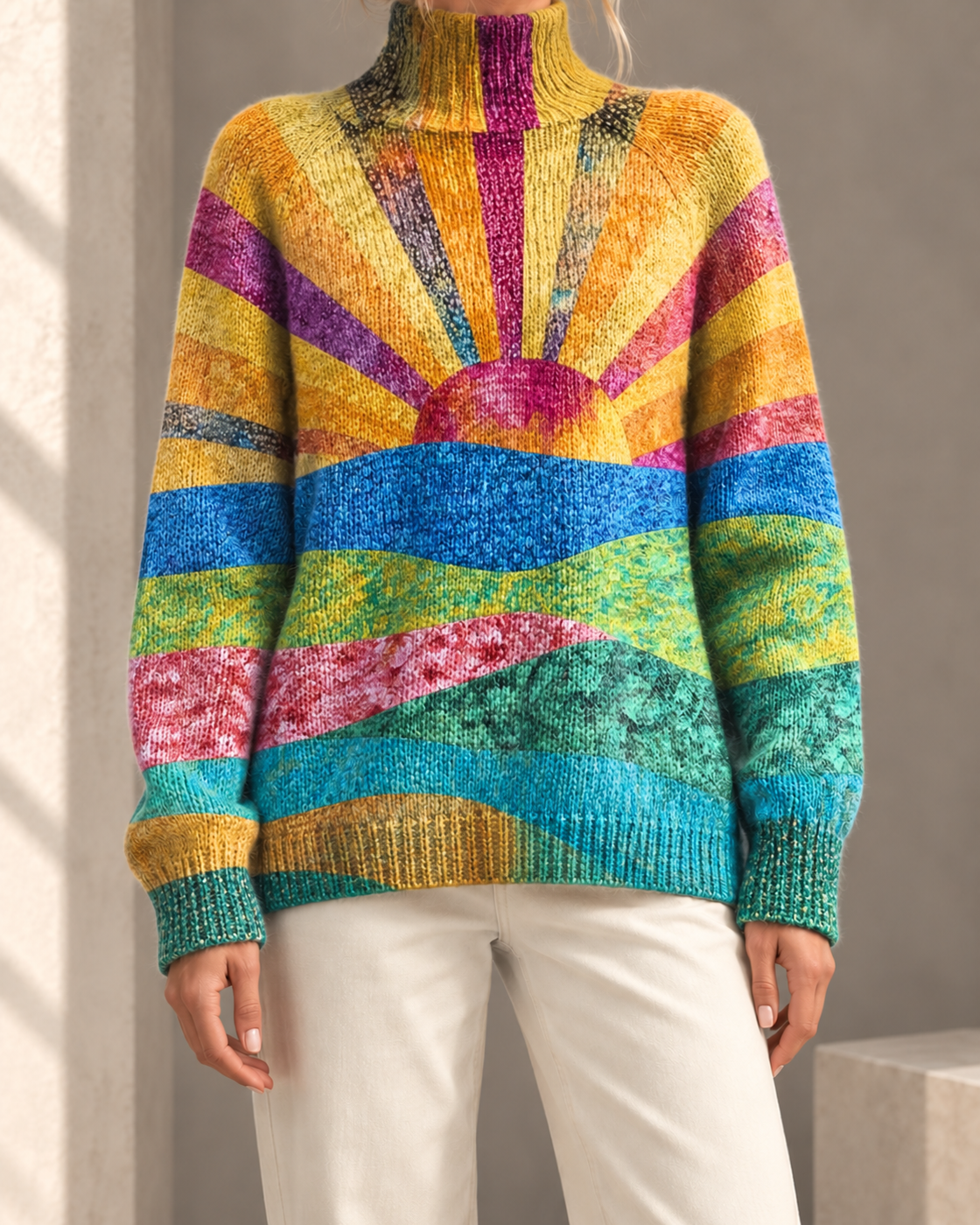 Printed Casual Turtleneck Bedford Cord Sweater — DY58027