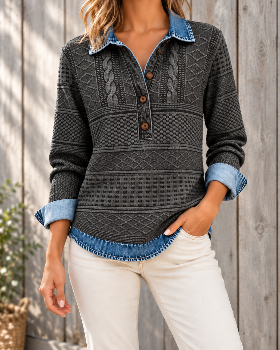 Womens Retro Printed Stand Collar Long-Sleeve Top — JKBPL03