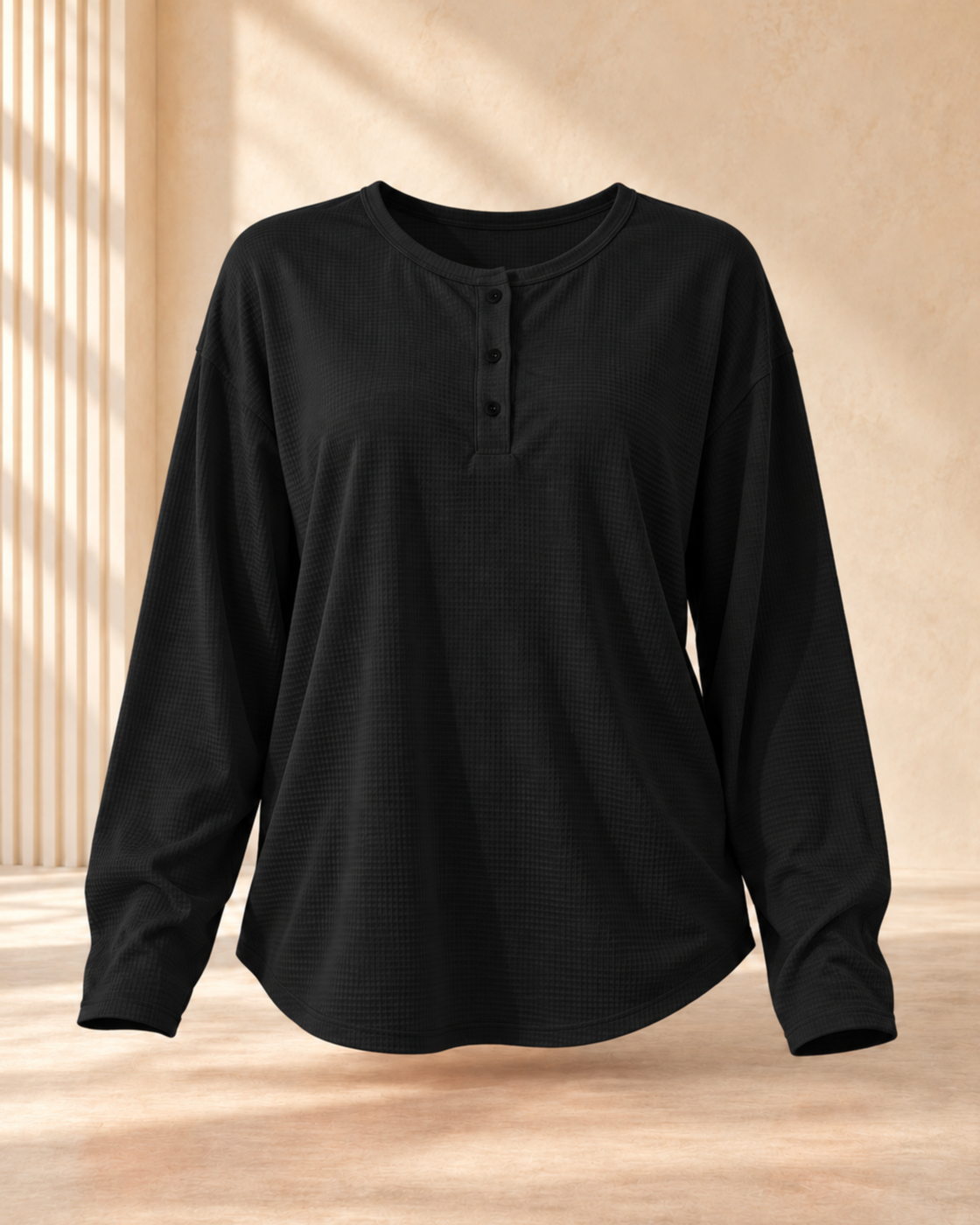 Round Neck Waffle Solid Color Pullover Loose Top — Black