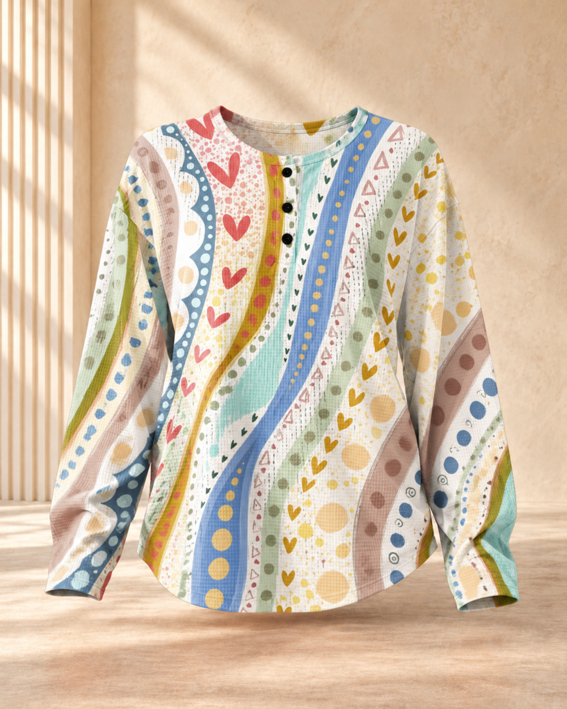 Round Neck Waffle Solid Color Pullover Loose Top — Colorful