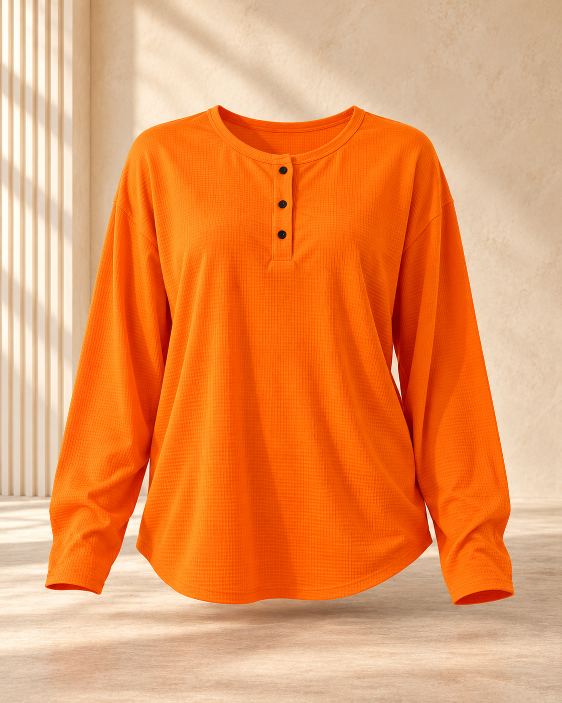 Round Neck Waffle Solid Color Pullover Loose Top — Orange
