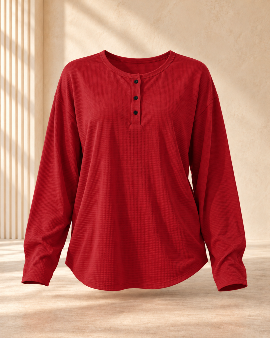 Round Neck Waffle Solid Color Pullover Loose Top — Red