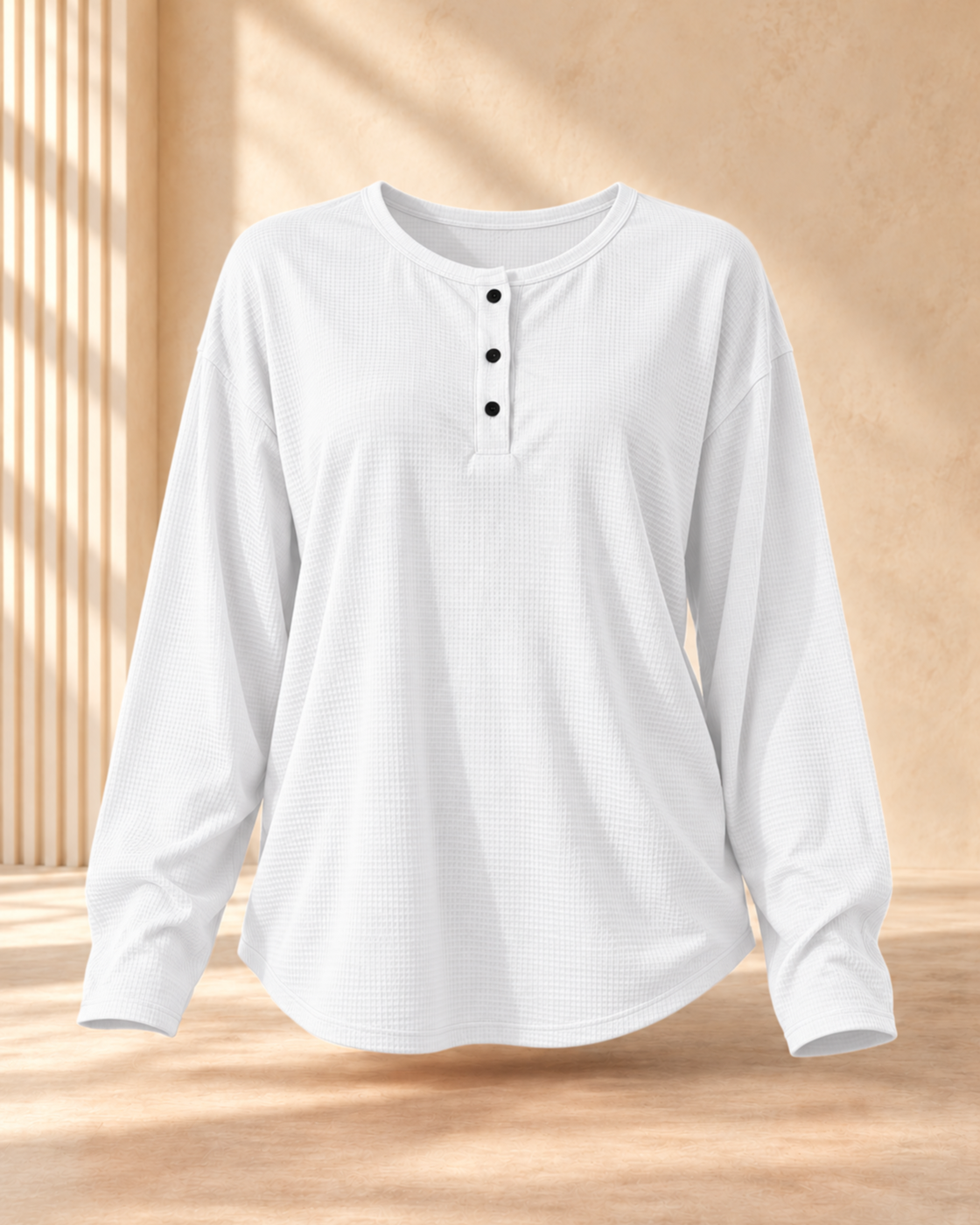 Round Neck Waffle Solid Color Pullover Loose Top — White