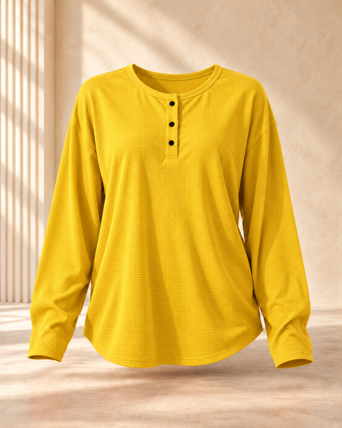 Round Neck Waffle Solid Color Pullover Loose Top — Yellow