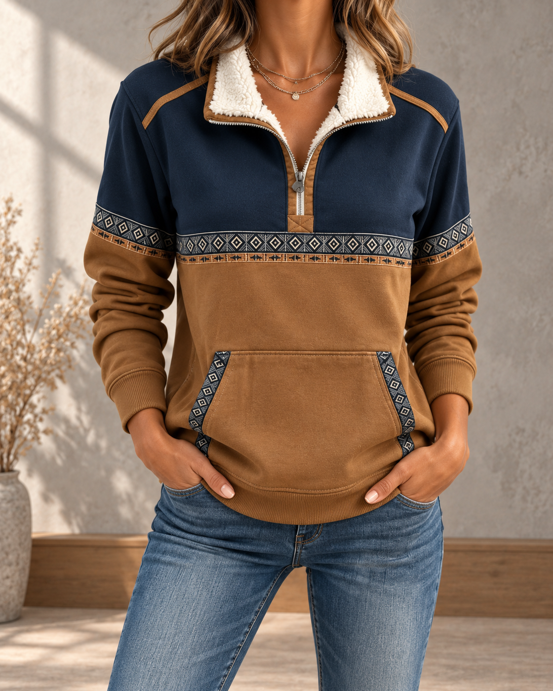 Womens Long-sleeve Half-zip Casual Top With A Print — JL137334