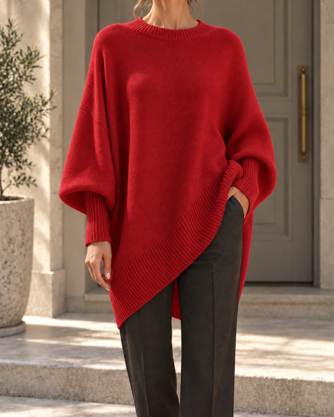 Cross Border Amazon 2026 Autumn And Winter Round Neck Pullover Sweater, Loose And Lazy Style, Solid Color Sweater, Women's Top — Red
