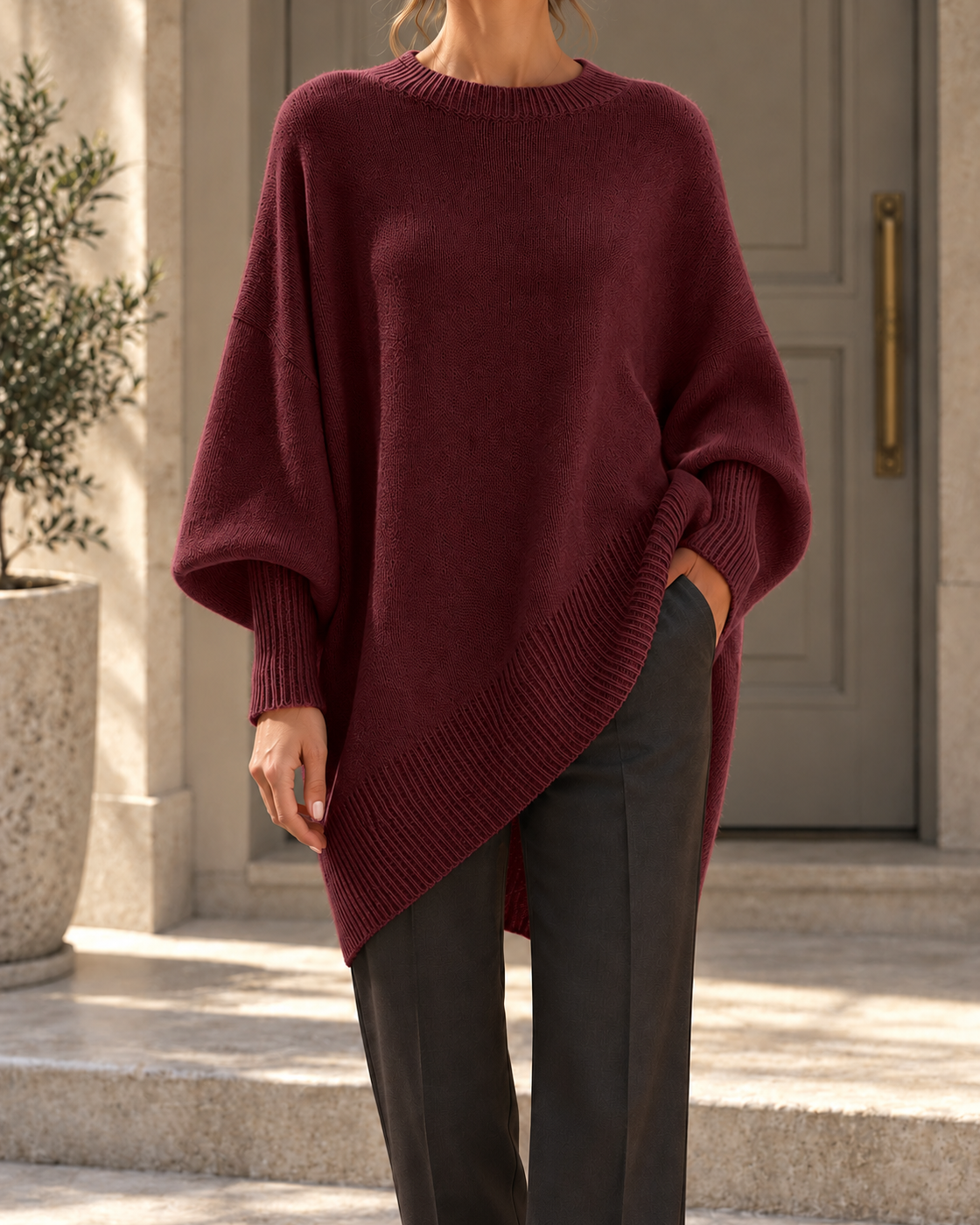 Cross Border Amazon 2026 Autumn And Winter Round Neck Pullover Sweater, Loose And Lazy Style, Solid Color Sweater, Women's Top — Wine red