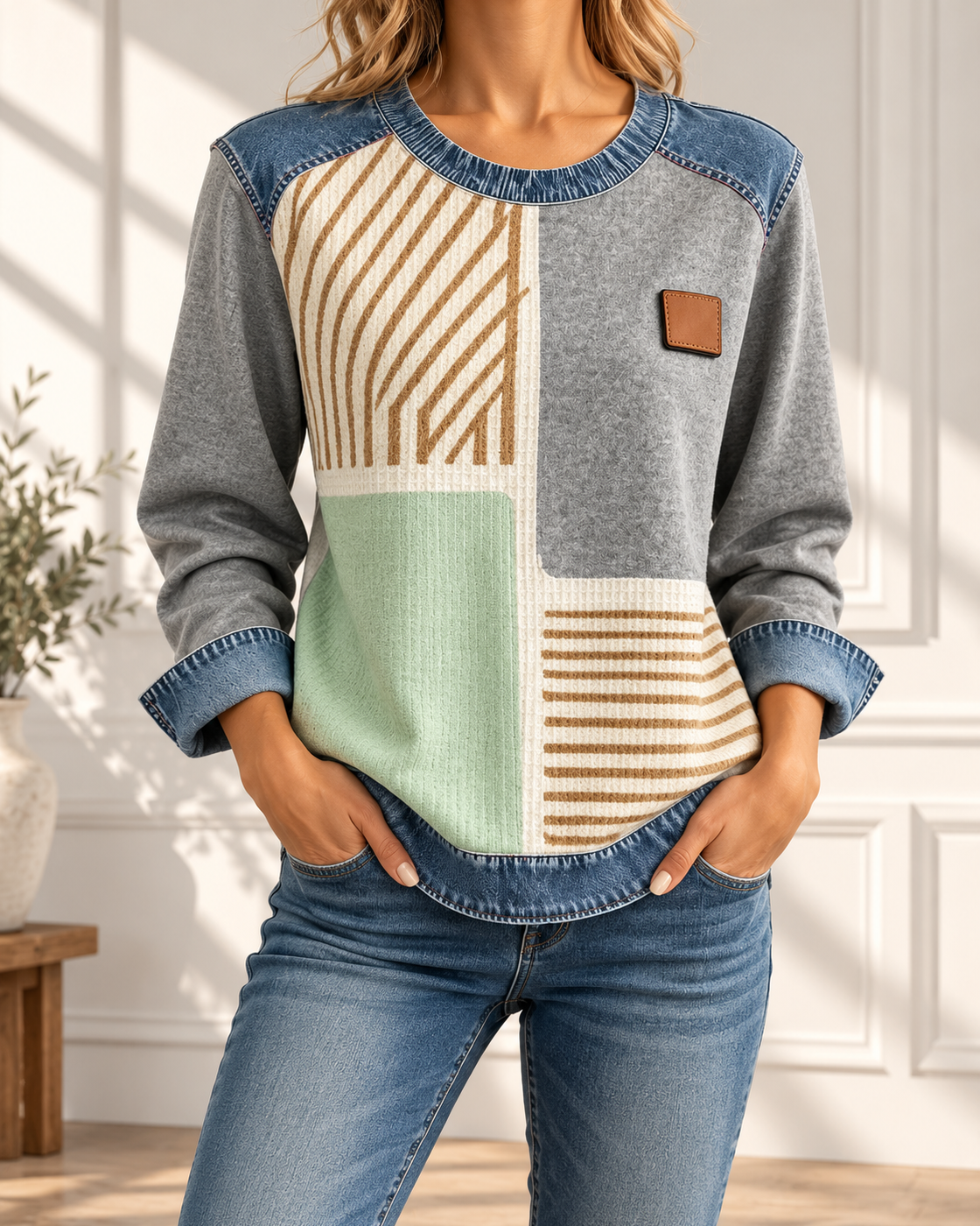 Spliced round Neck Casual Long-sleeved Top — 1style