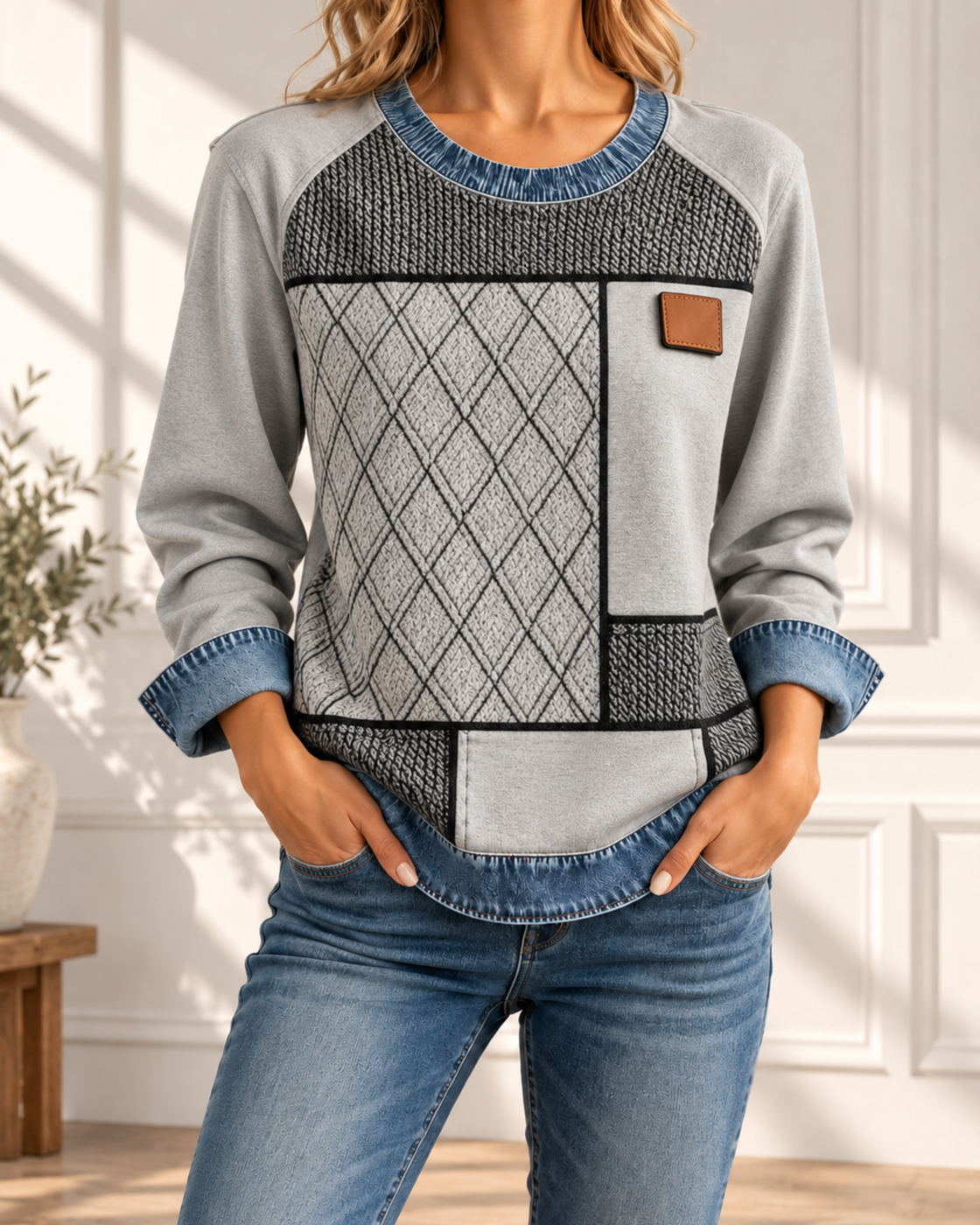 Spliced round Neck Casual Long-sleeved Top — 2style