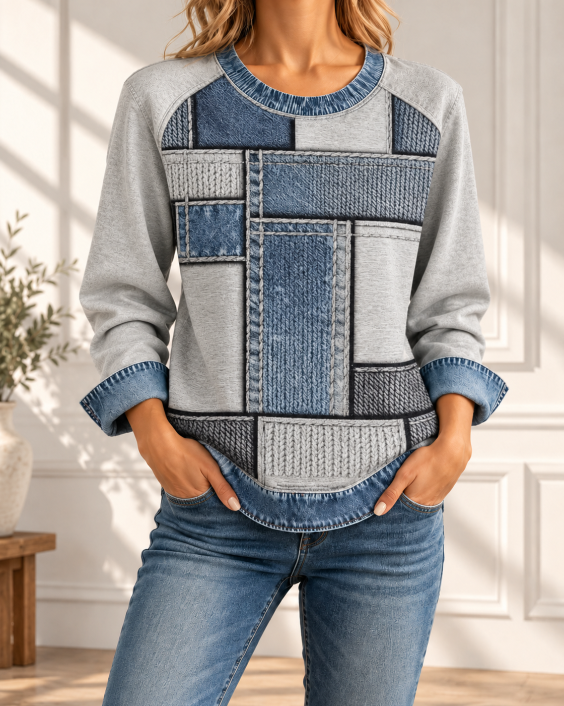 Spliced round Neck Casual Long-sleeved Top — 3style