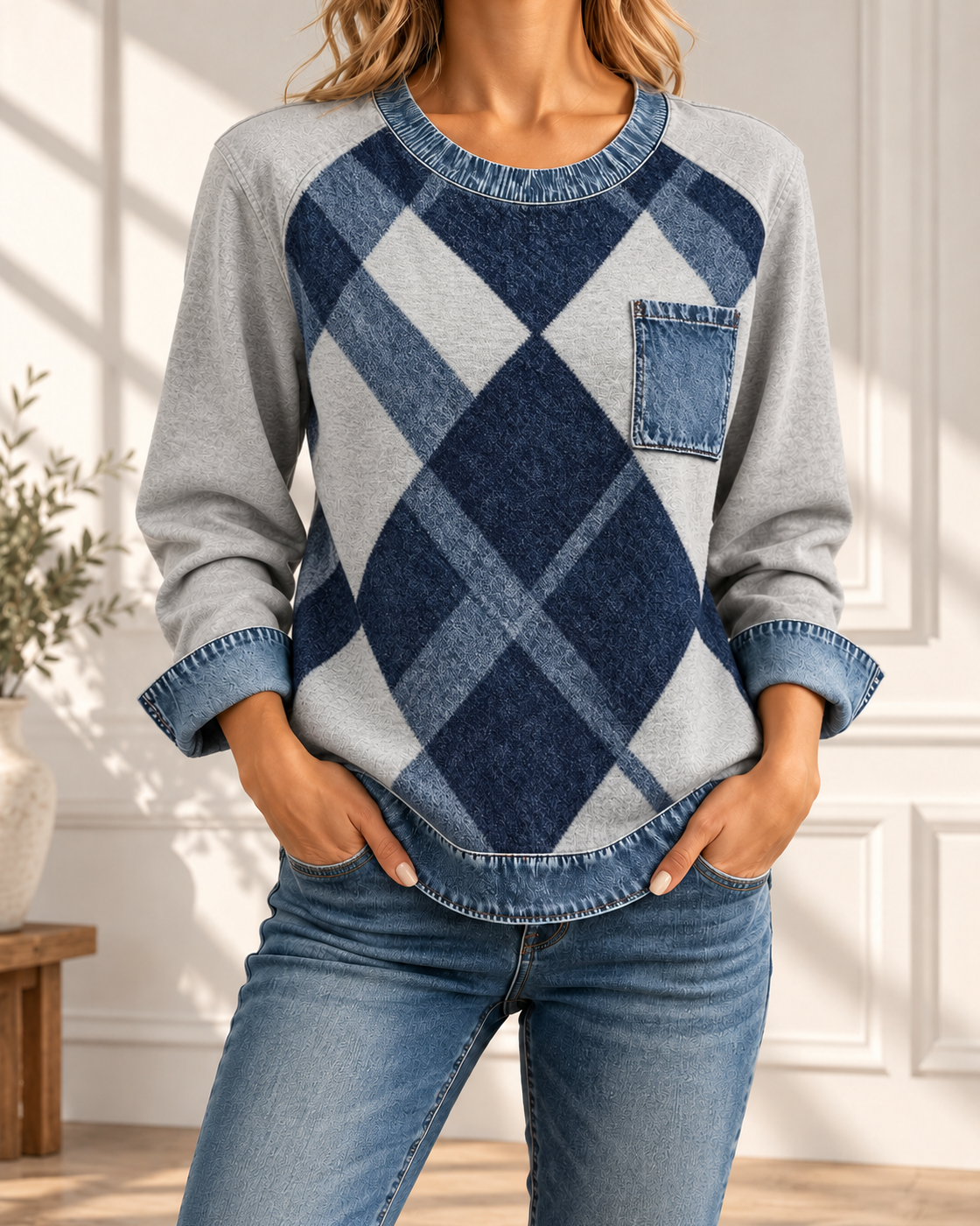 Spliced round Neck Casual Long-sleeved Top — 4style