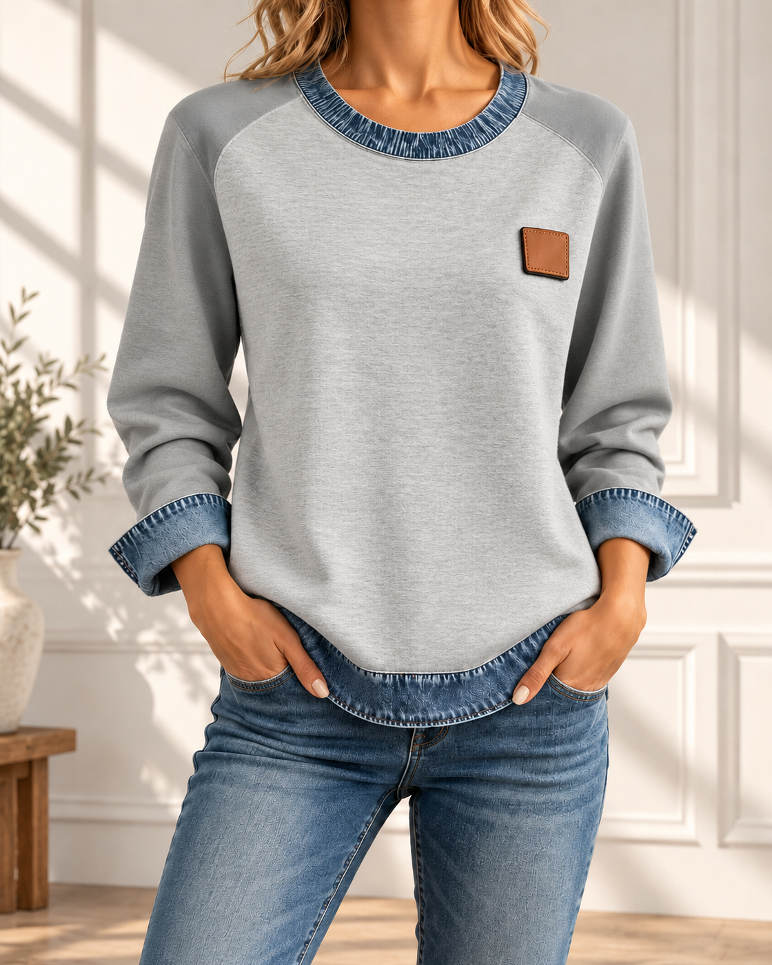 Spliced round Neck Casual Long-sleeved Top — 5style
