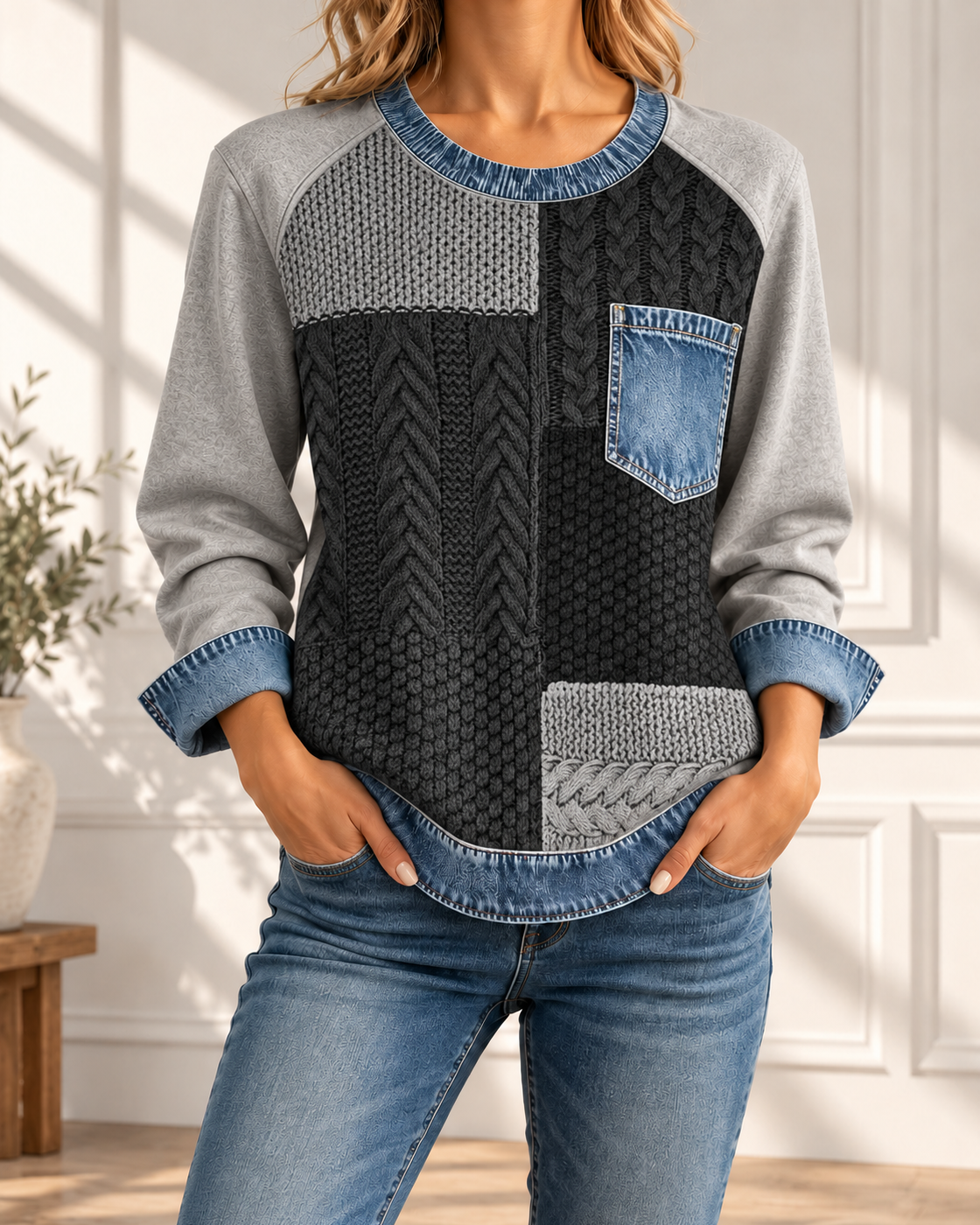 Spliced round Neck Casual Long-sleeved Top — 6style