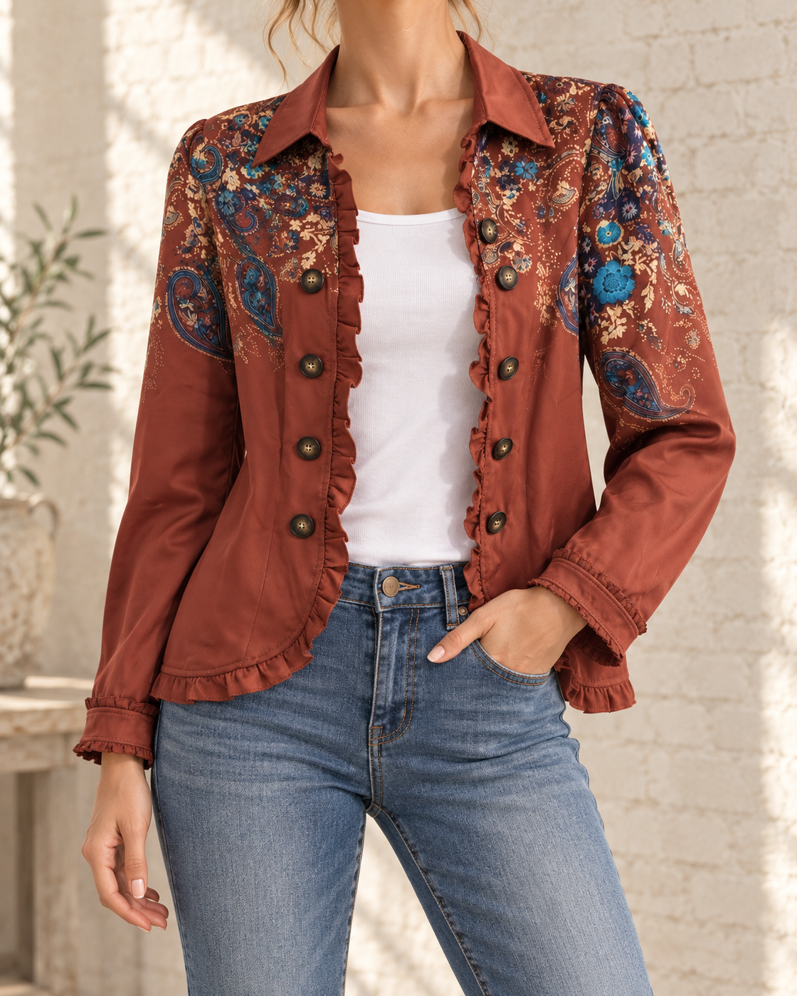Women's Ruffled Hem Short Jacket — Brown
