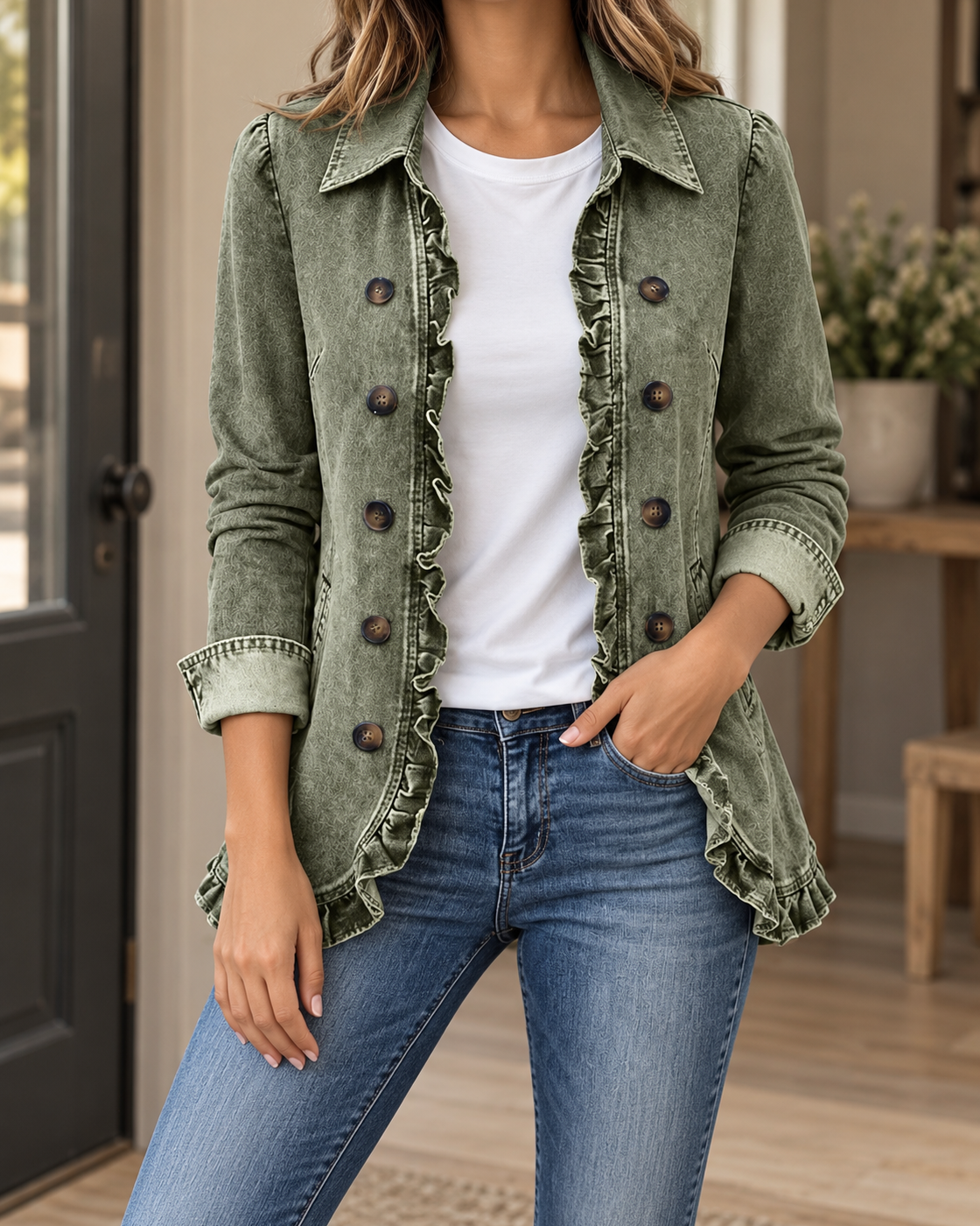 Women's Lapel Button Cardigan Loose Casual Denim Jacket — Army Green