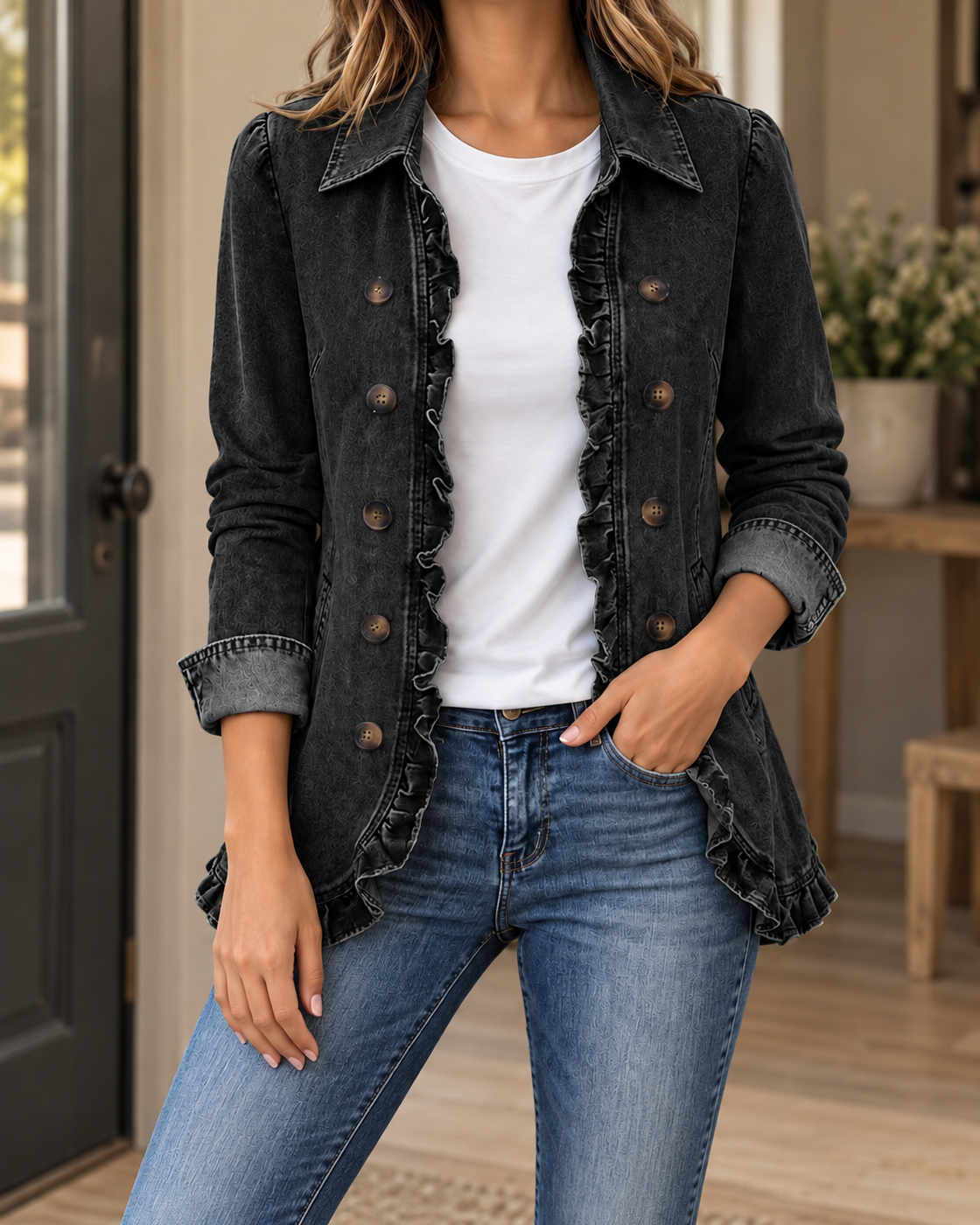 Women's Lapel Button Cardigan Loose Casual Denim Jacket — Black