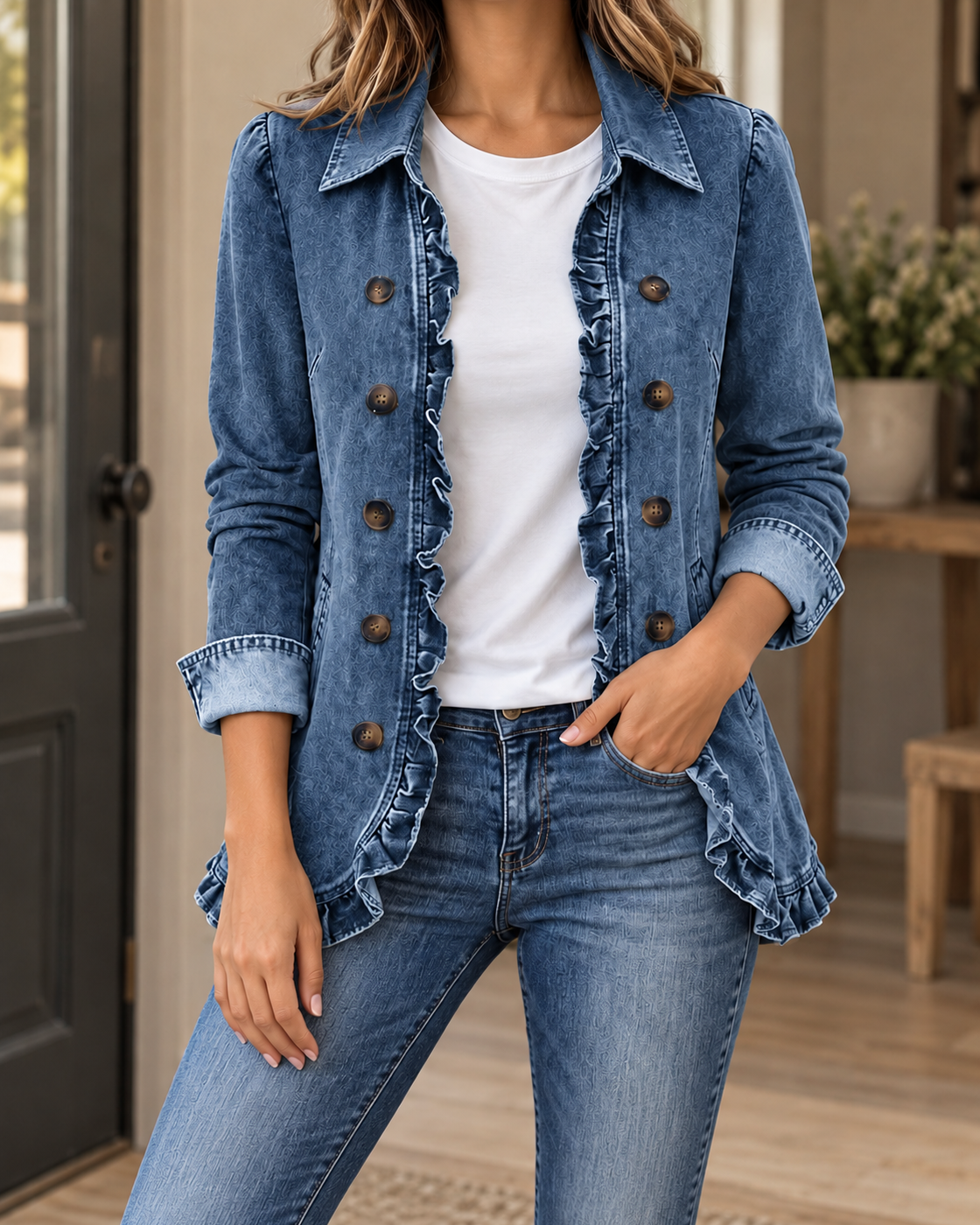 Women's Lapel Button Cardigan Loose Casual Denim Jacket — Blue