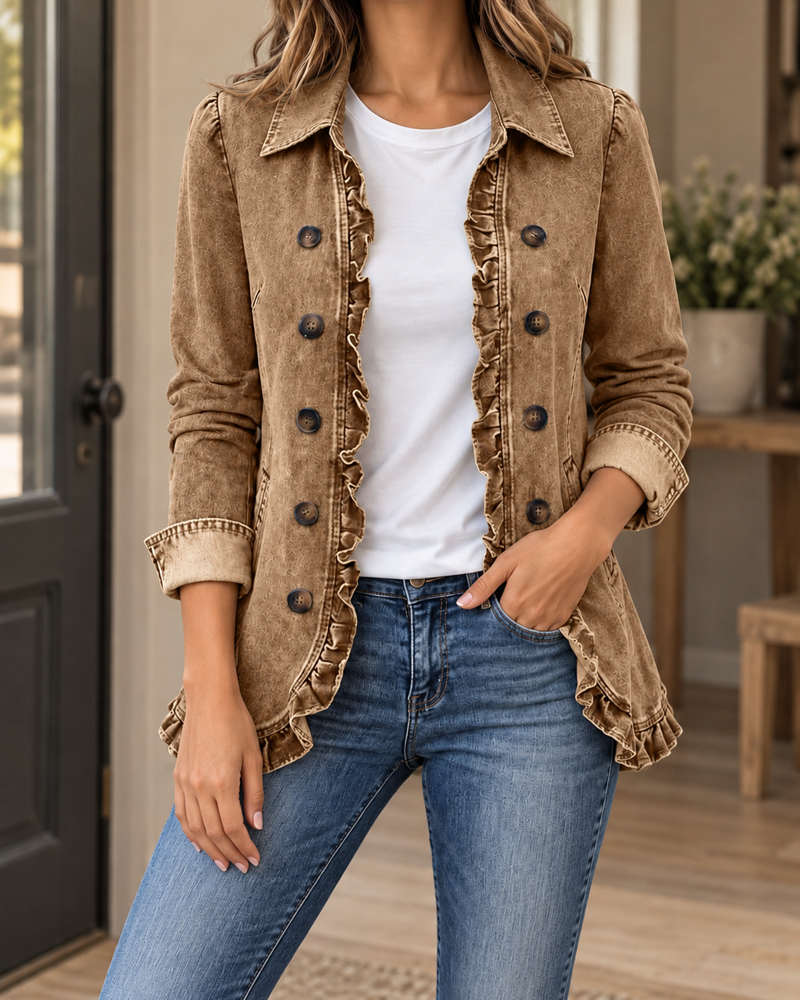 Women's Lapel Button Cardigan Loose Casual Denim Jacket — Brown
