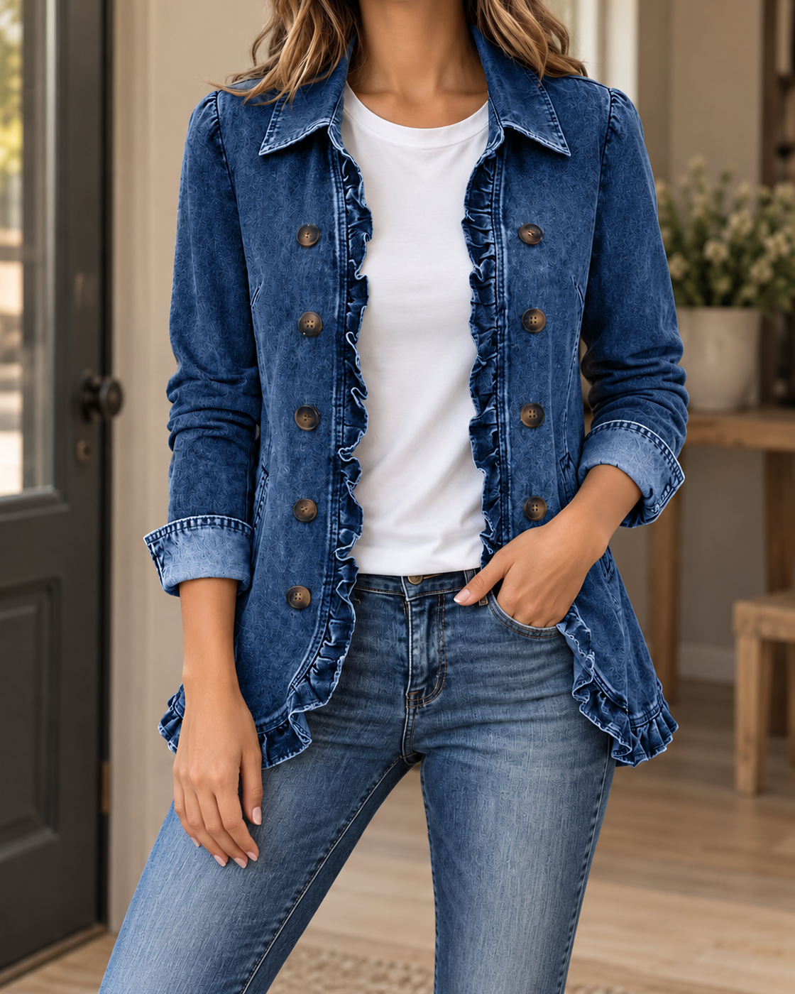 Women's Lapel Button Cardigan Loose Casual Denim Jacket — Dark Blue