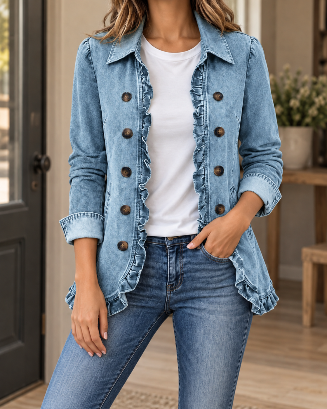 Women's Lapel Button Cardigan Loose Casual Denim Jacket — Light Blue