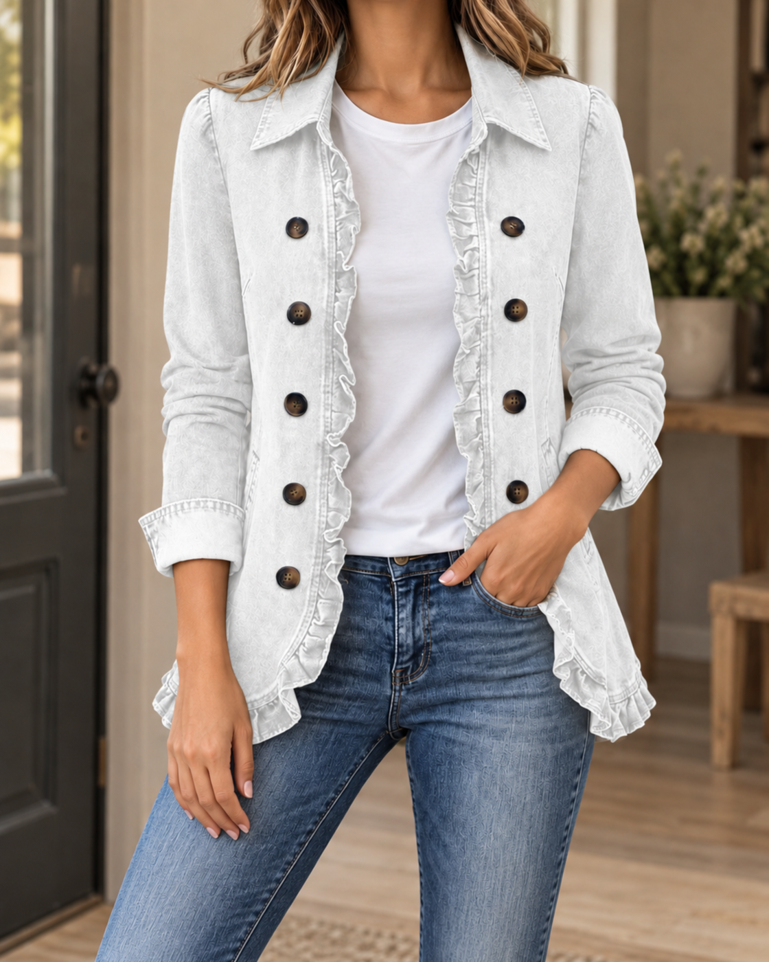 Women's Lapel Button Cardigan Loose Casual Denim Jacket — White