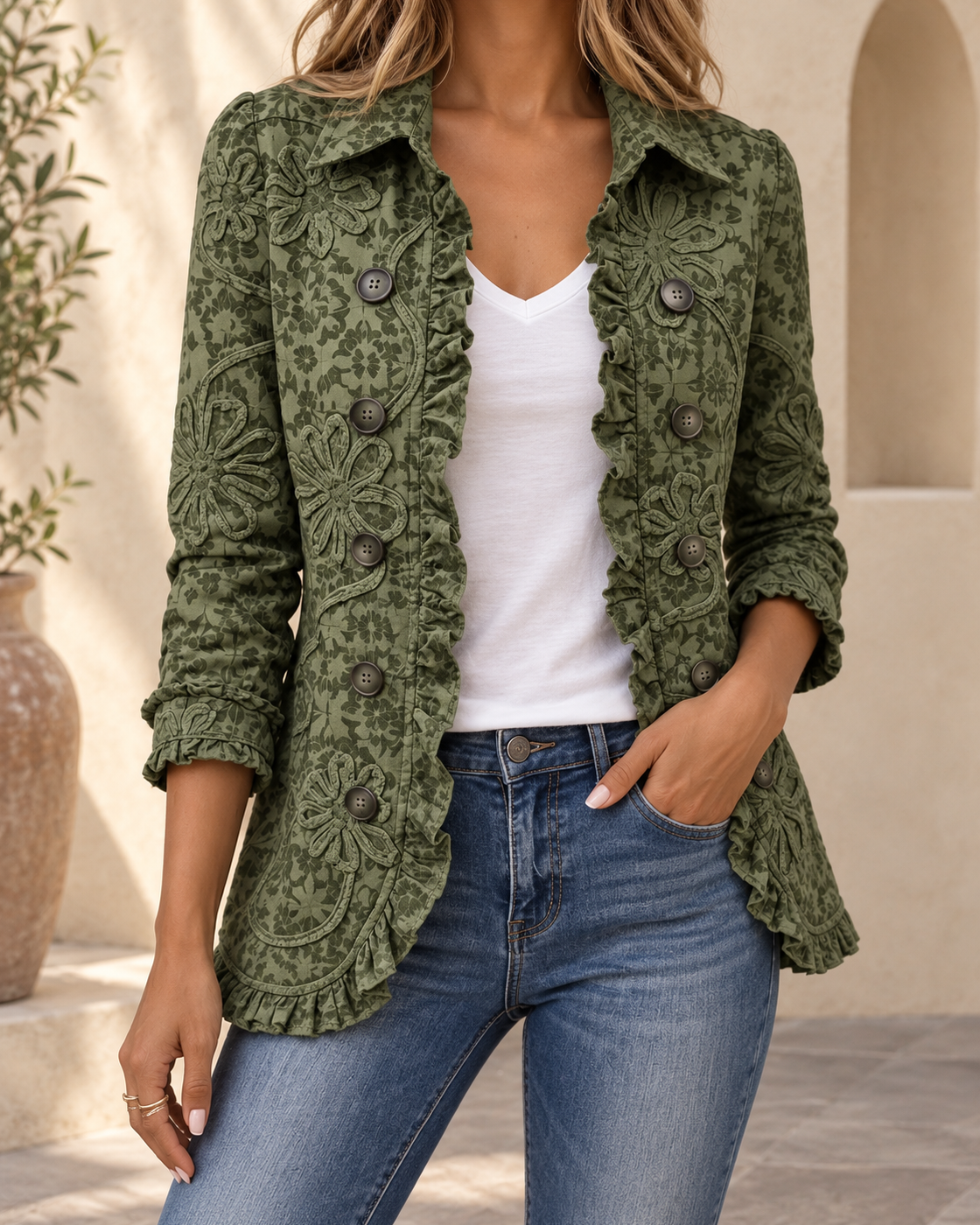 Women's Retro Floral Lapel Jacket — Army Green
