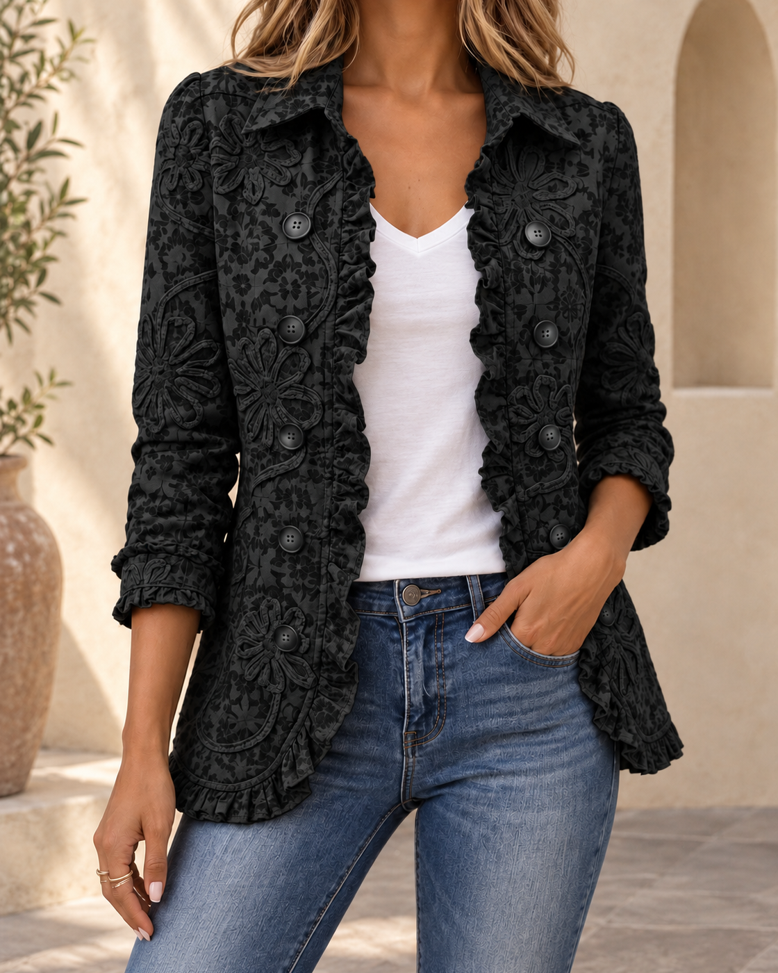 Women's Retro Floral Lapel Jacket — Black