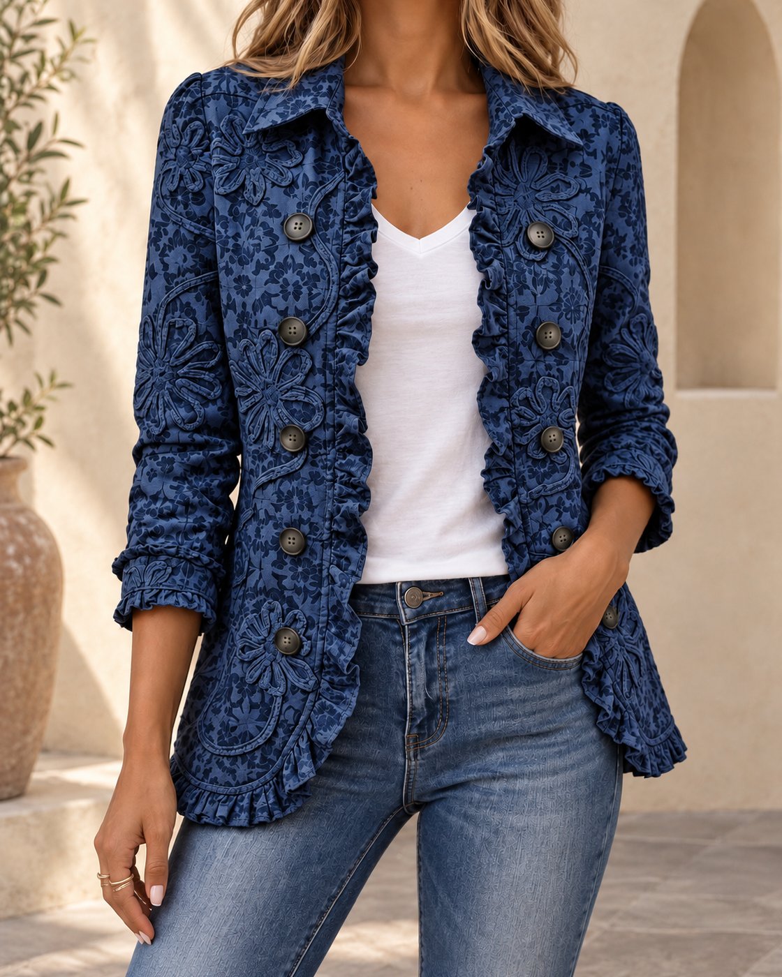 Women's Retro Floral Lapel Jacket — Navy Blue