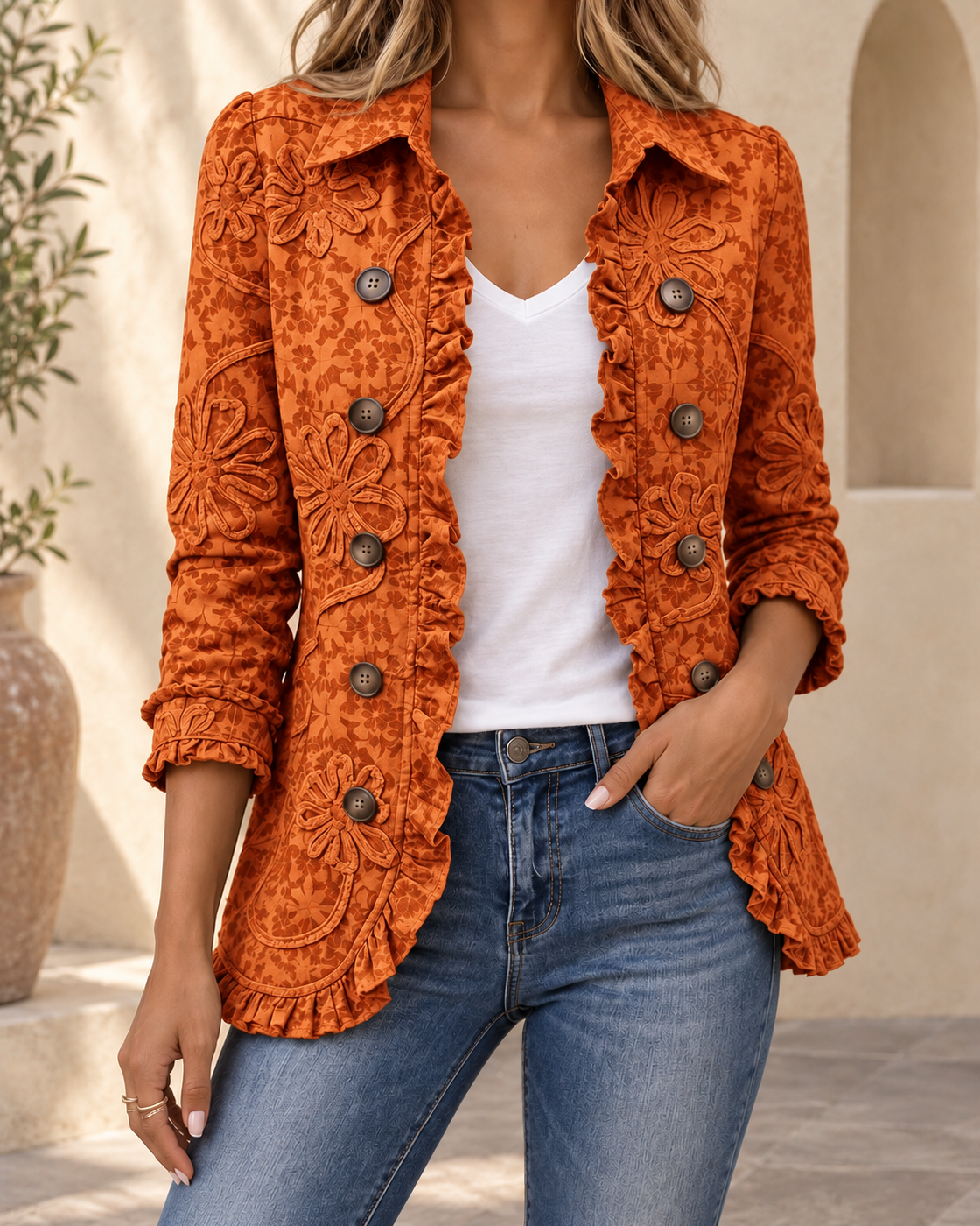 Women's Retro Floral Lapel Jacket — Orange
