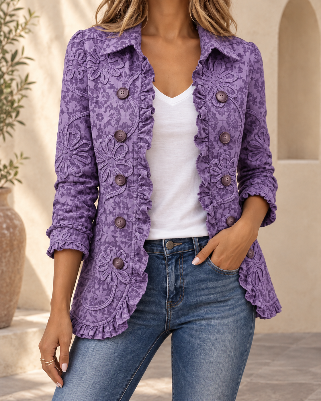 Women's Retro Floral Lapel Jacket — Purple
