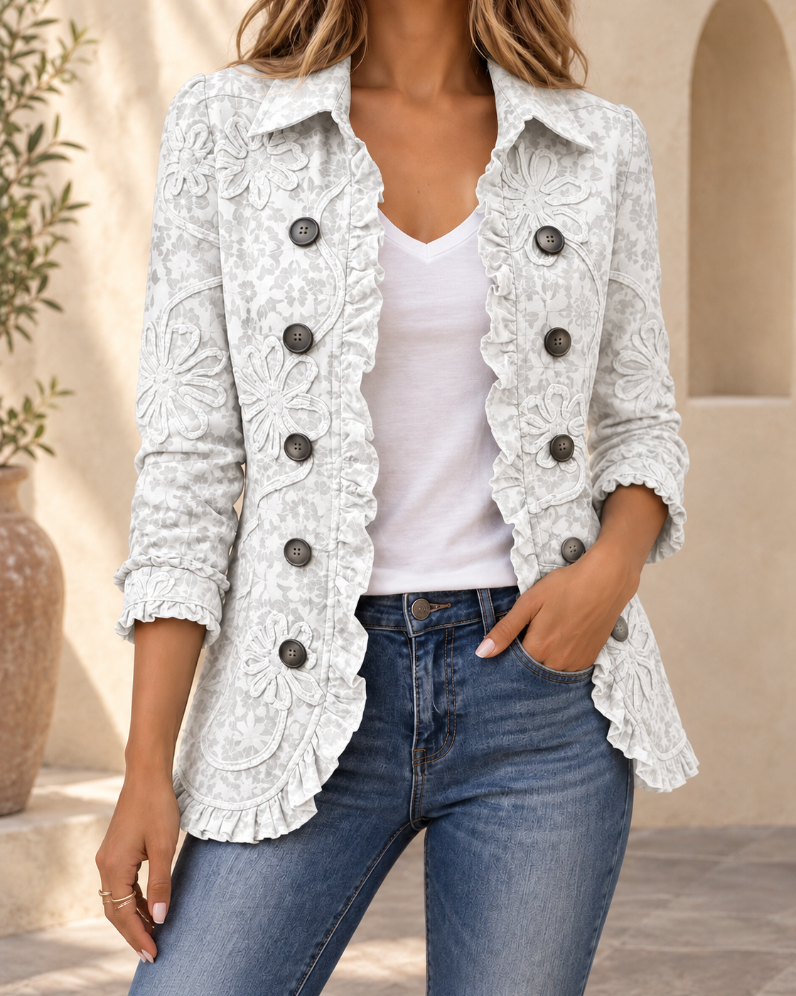 Women's Retro Floral Lapel Jacket — White