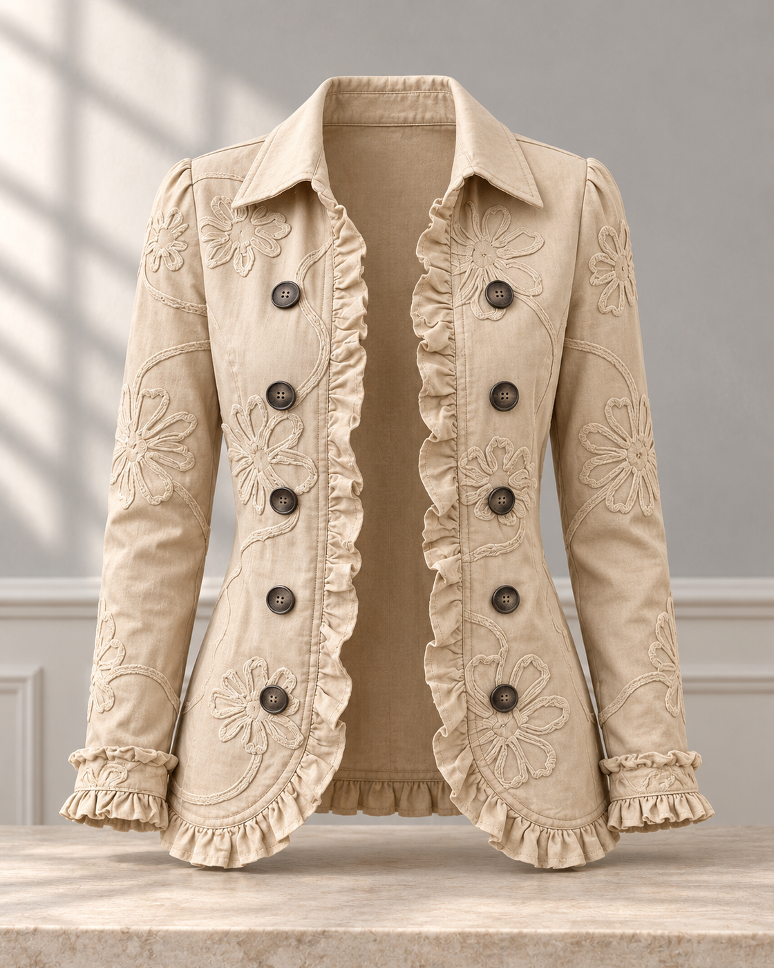 Double-breasted Ruffled Slim-fit Digital Printed Jacket — Apricot