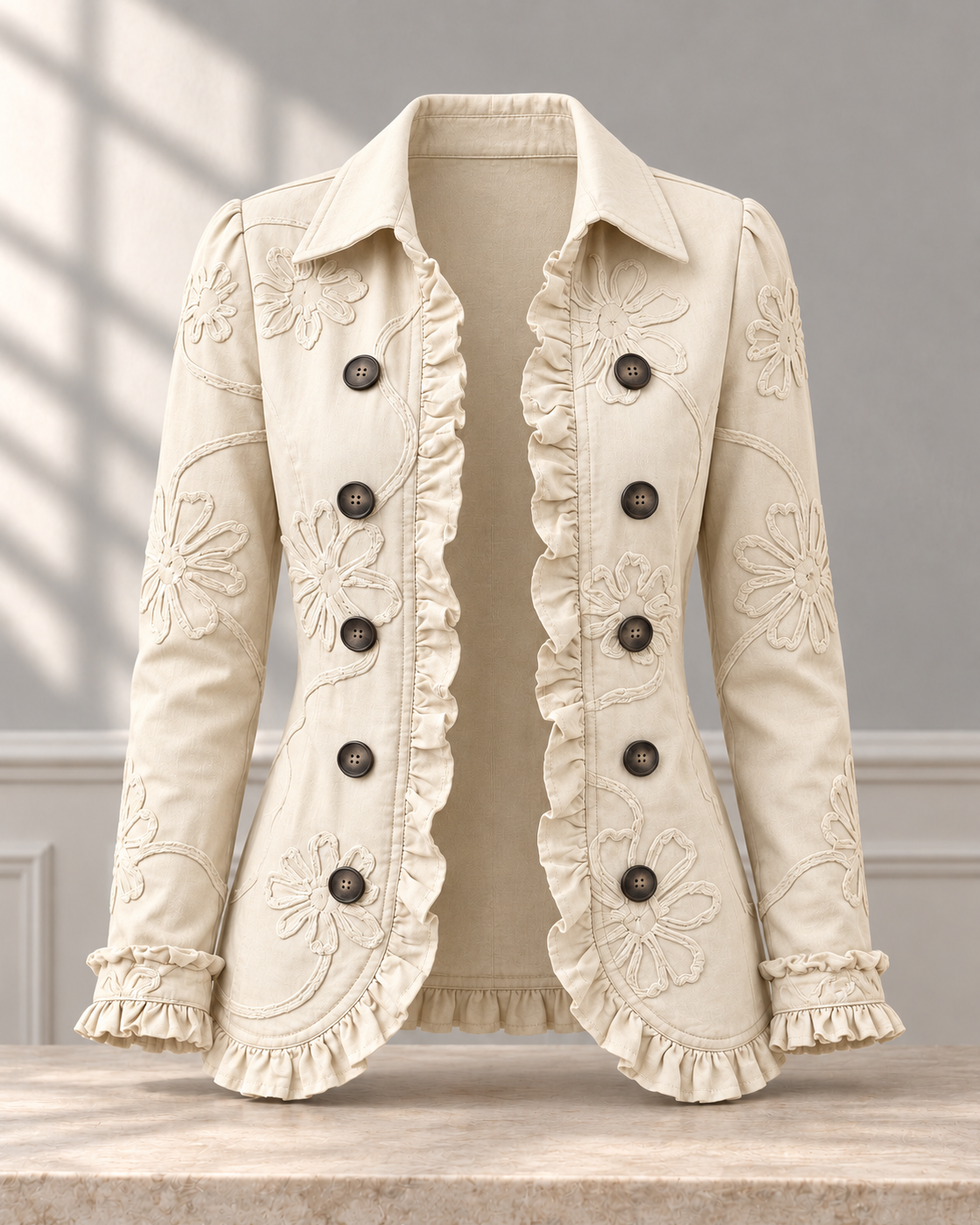 Double-breasted Ruffled Slim-fit Digital Printed Jacket — Beige