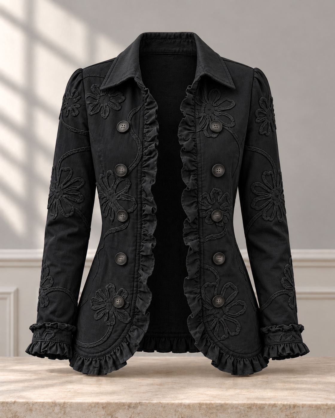 Double-breasted Ruffled Slim-fit Digital Printed Jacket — Black