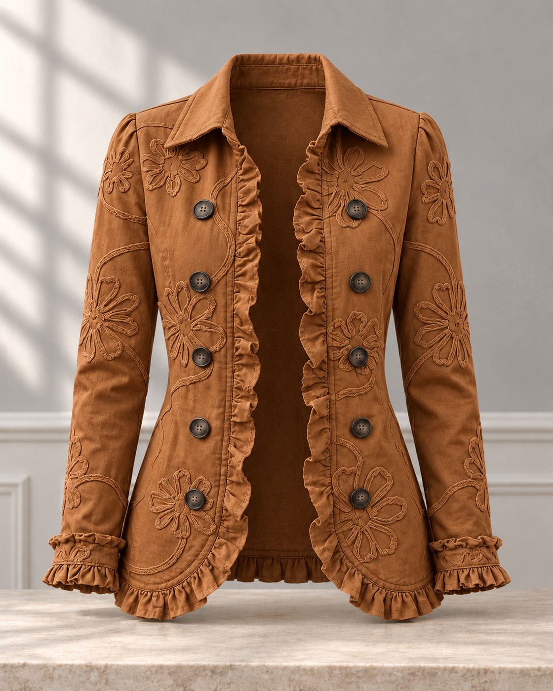 Double-breasted Ruffled Slim-fit Digital Printed Jacket — Brown